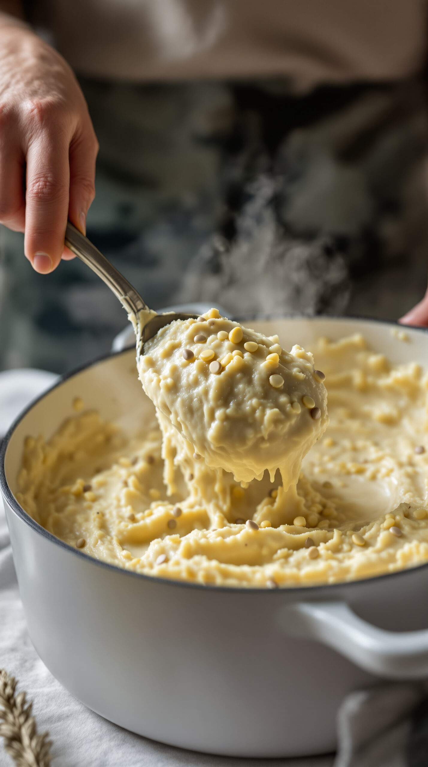 Main versant une pâte d'arachide mixée dans une casserole de lait chaud parfumé à la cannelle