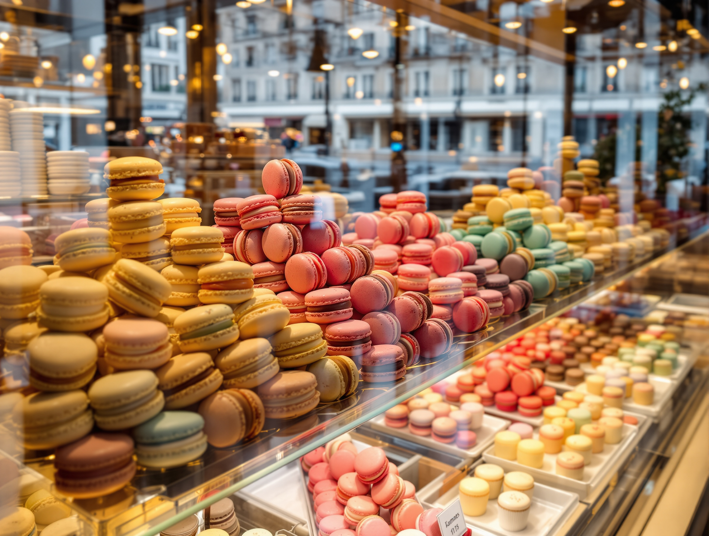 Vitrine d'une pâtisserie parisienne chic avec rangées de macarons colorés