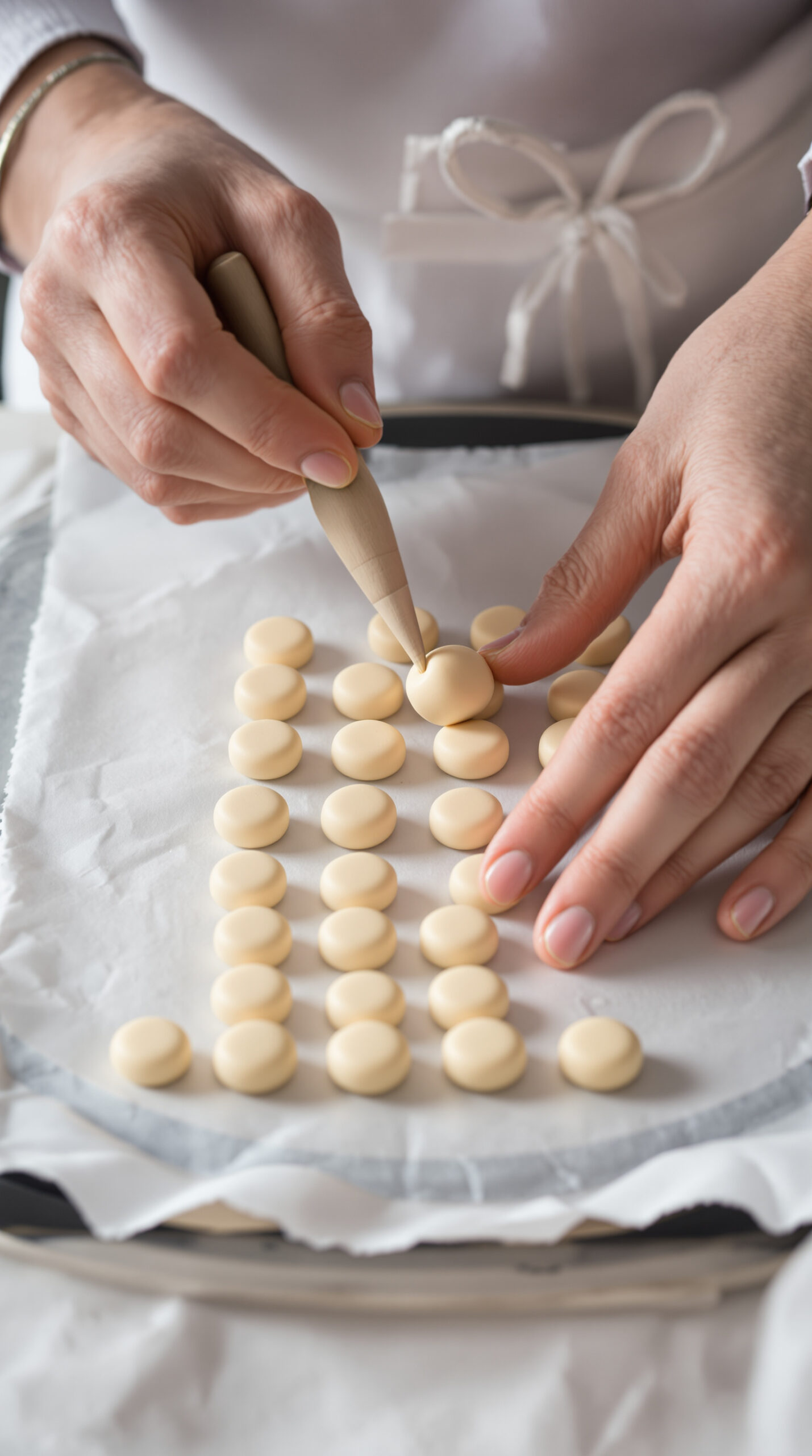 Mains dressant à la poche à douille de petits ronds réguliers de pâte à macarons