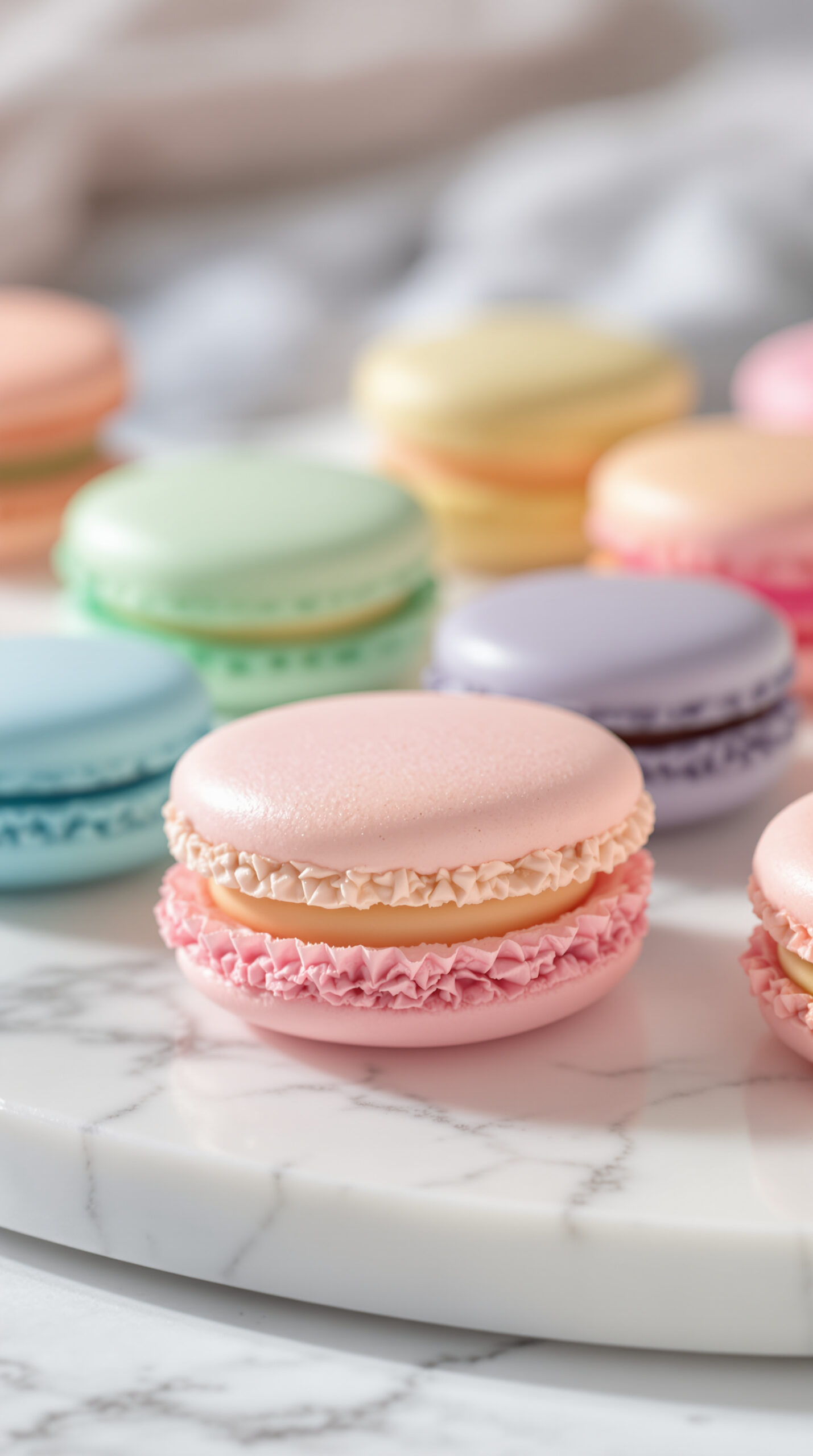 Macarons français aux couleurs pastel empilés avec leur collerette bien visible