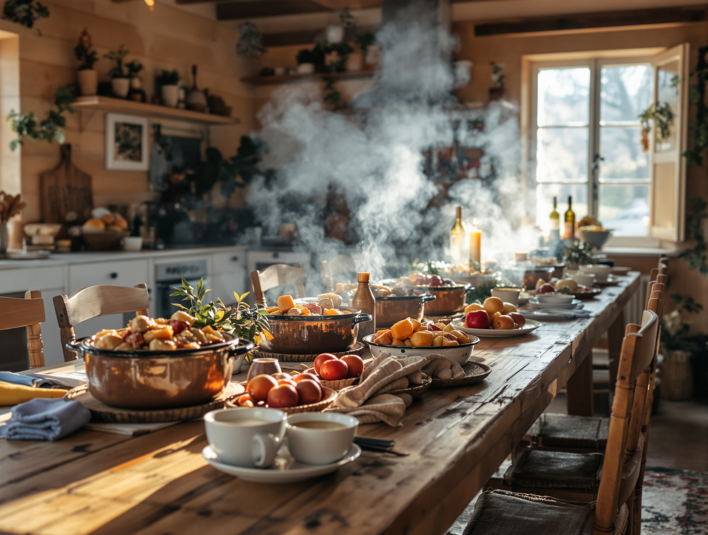 Longue table de ferme dans le Languedoc avec plusieurs cassoles de cassoulet fumantes pour une tablée familiale