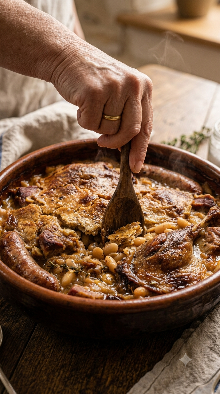 Main enfonçant une cuillère en bois dans la croûte dorée du cassoulet pour la casser