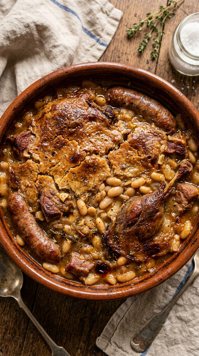 Cassoulet dans sa cassole en terre cuite, croûte dorée craquelée laissant entrevoir les haricots blancs et le confit de canard