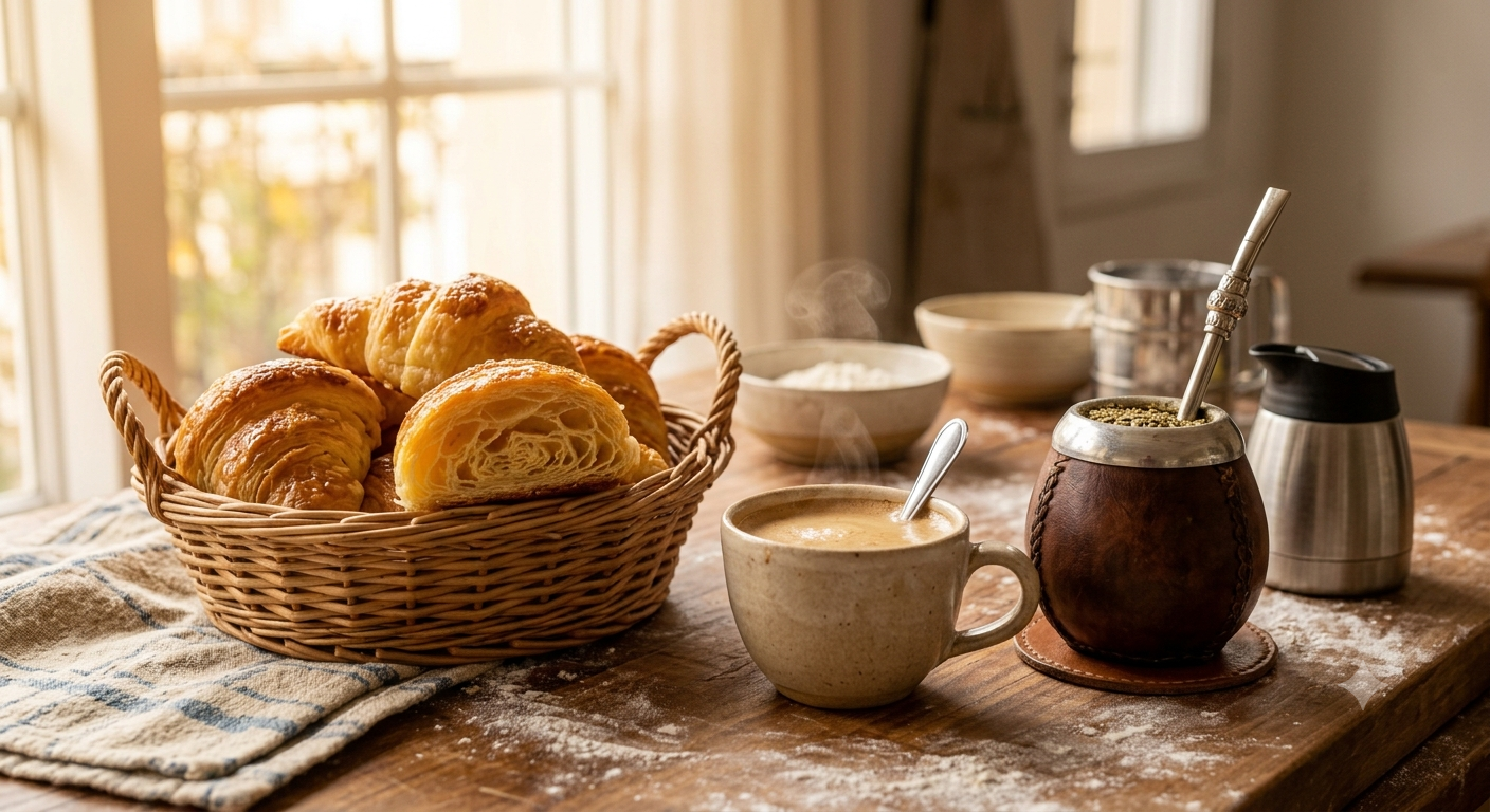 Table de petit-déjeuner argentine avec des medialunas, un café con leche et un maté traditionnel