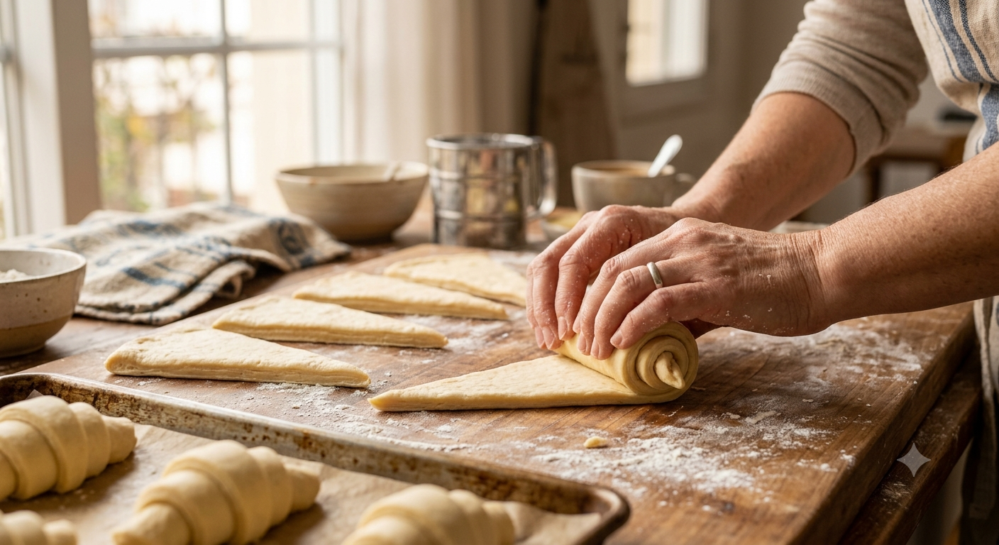 Mains roulant un triangle de pâte feuilletée depuis sa base vers sa pointe pour former une medialuna