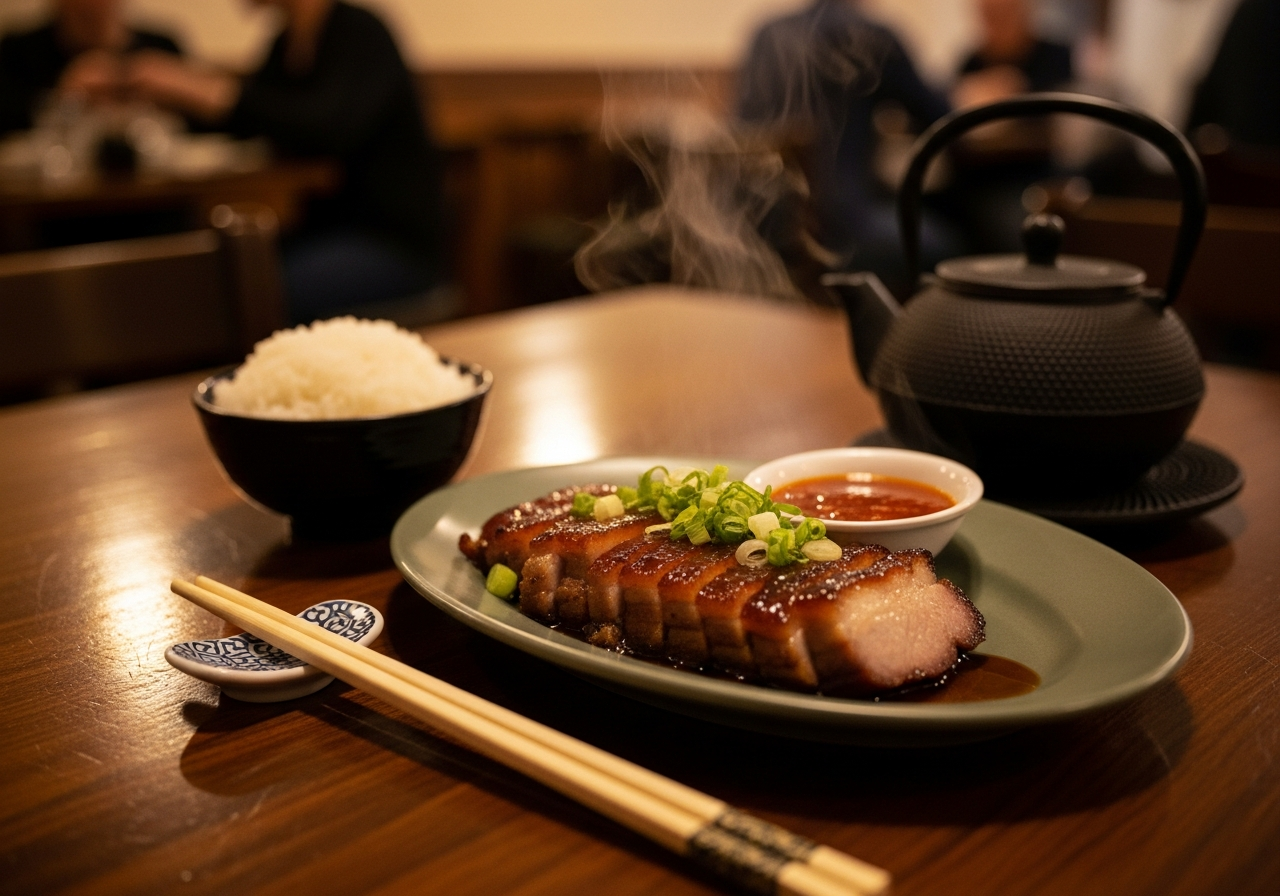 Table dressée avec le plat de porc Billy Kee, baguettes chinoises et théière en fonte