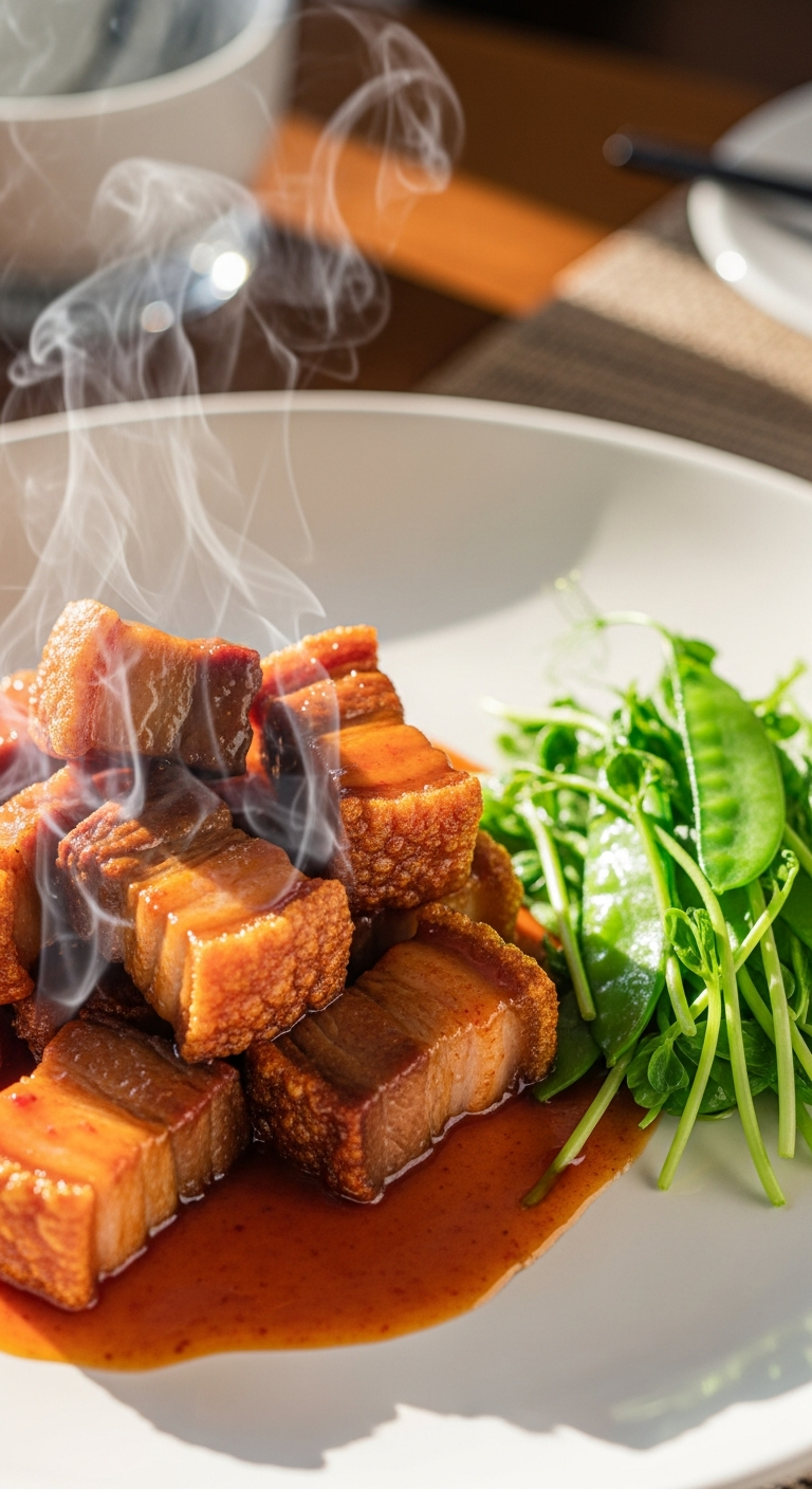 Porc Billy Kee, morceaux croustillants nappés d'une sauce brillante rouge-brun, légère fumée