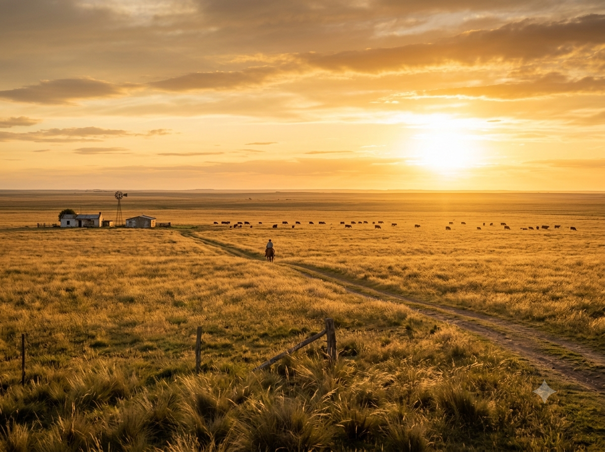 Vue de la pampa argentine, plaine herbeuse infinie sous un ciel doré de fin de journée