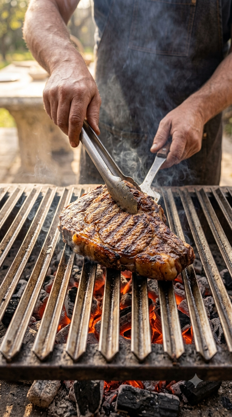 Mains retournant à la pince une pièce de viande marquée de stries dorées sur une grille en V