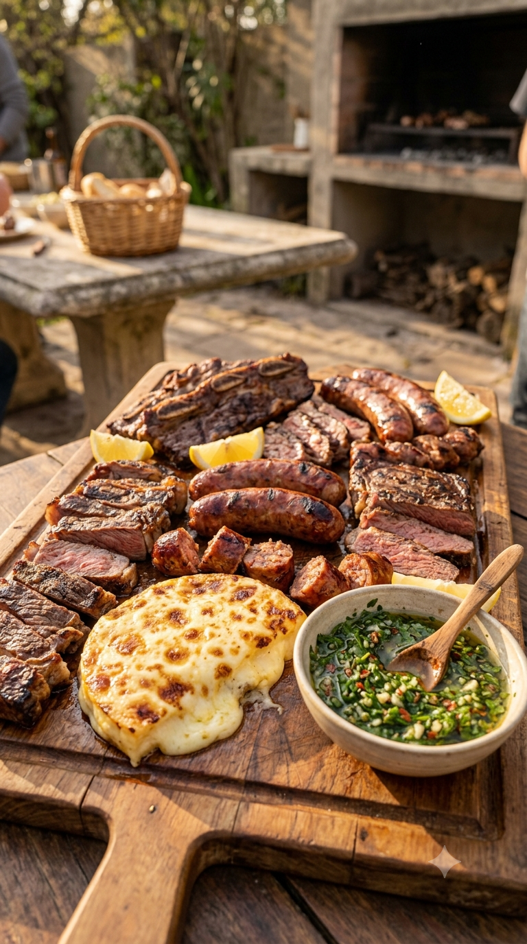 Planche de parillada argentine généreuse avec viandes grillées, chorizo, provoleta fondante et chimichurri