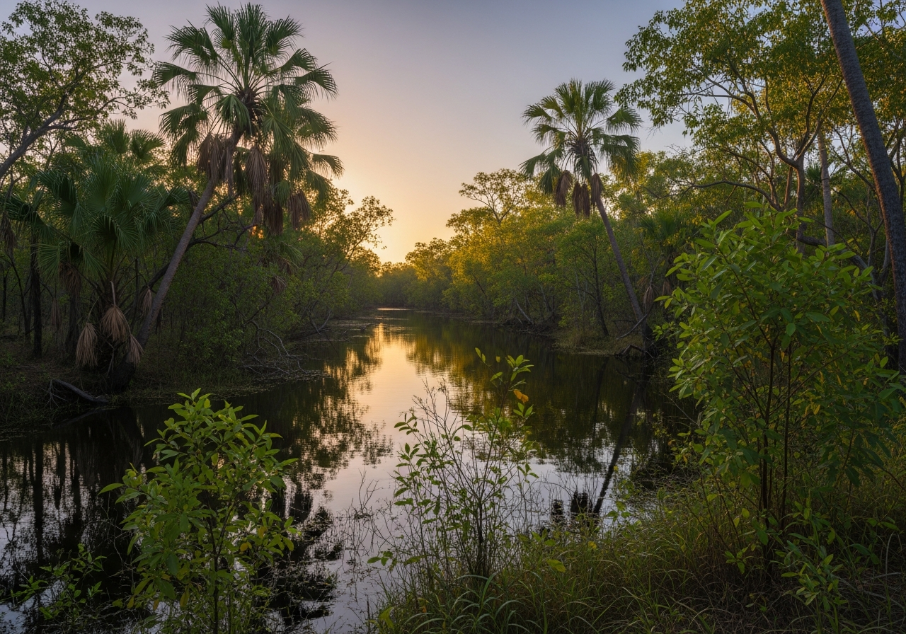 Billabong tropical du Territoire du Nord australien, eaux calmes et végétation dense