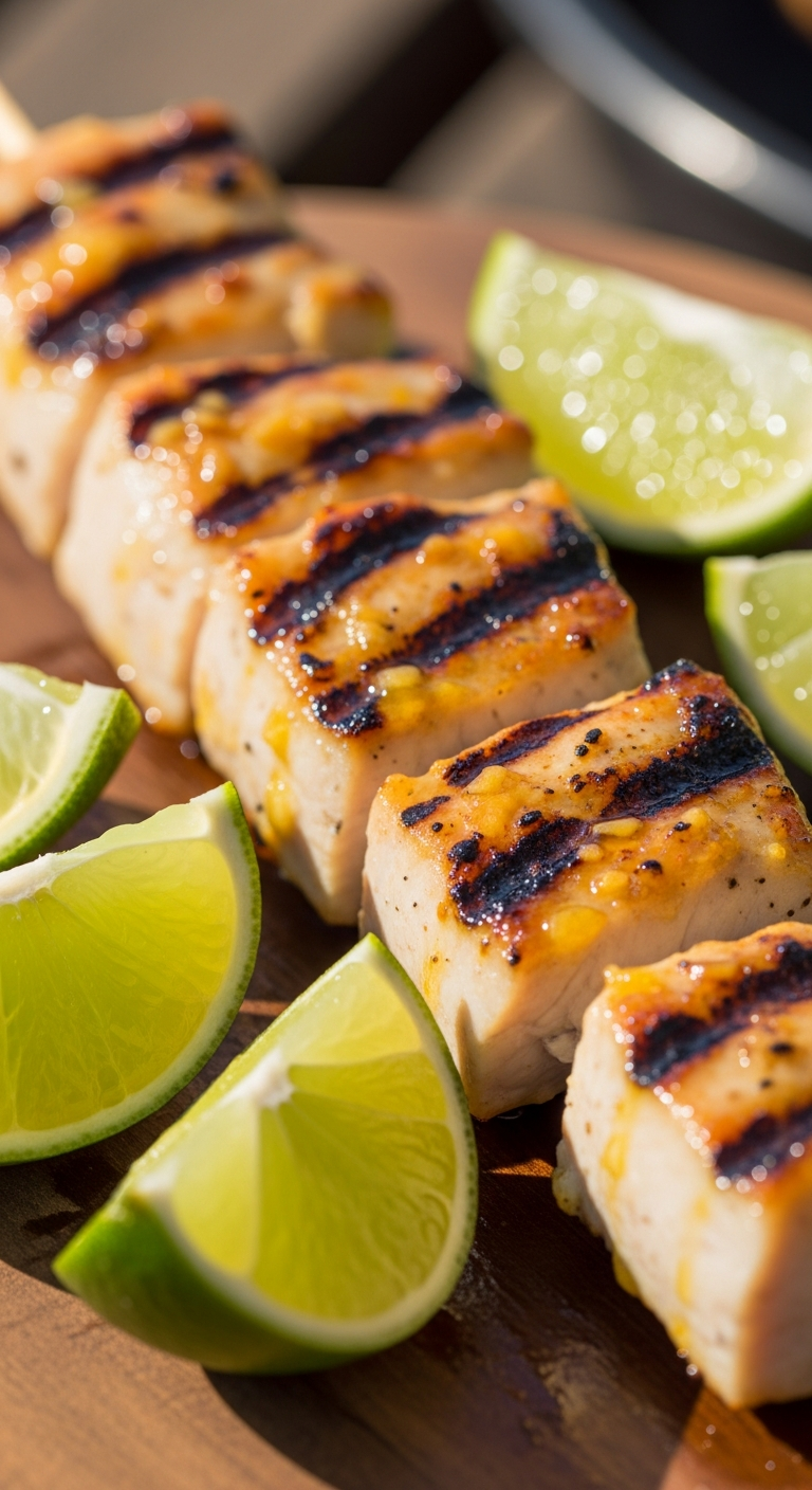 Brochette de crocodile grillée, chair claire marquée au grill, glacée d'une marinade citron vert et gingembre