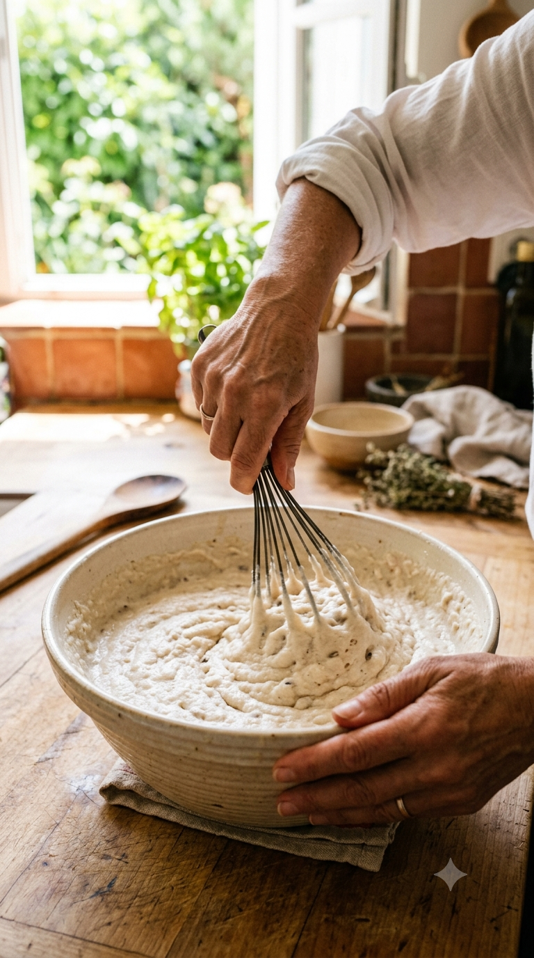 Mains battant énergiquement au fouet une pâte claire et épaisse de haricots dans un grand saladier