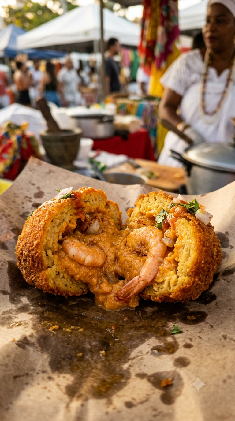 Acarajé doré et croustillant coupé en deux, révélant une garniture crémeuse de vatapa et des crevettes