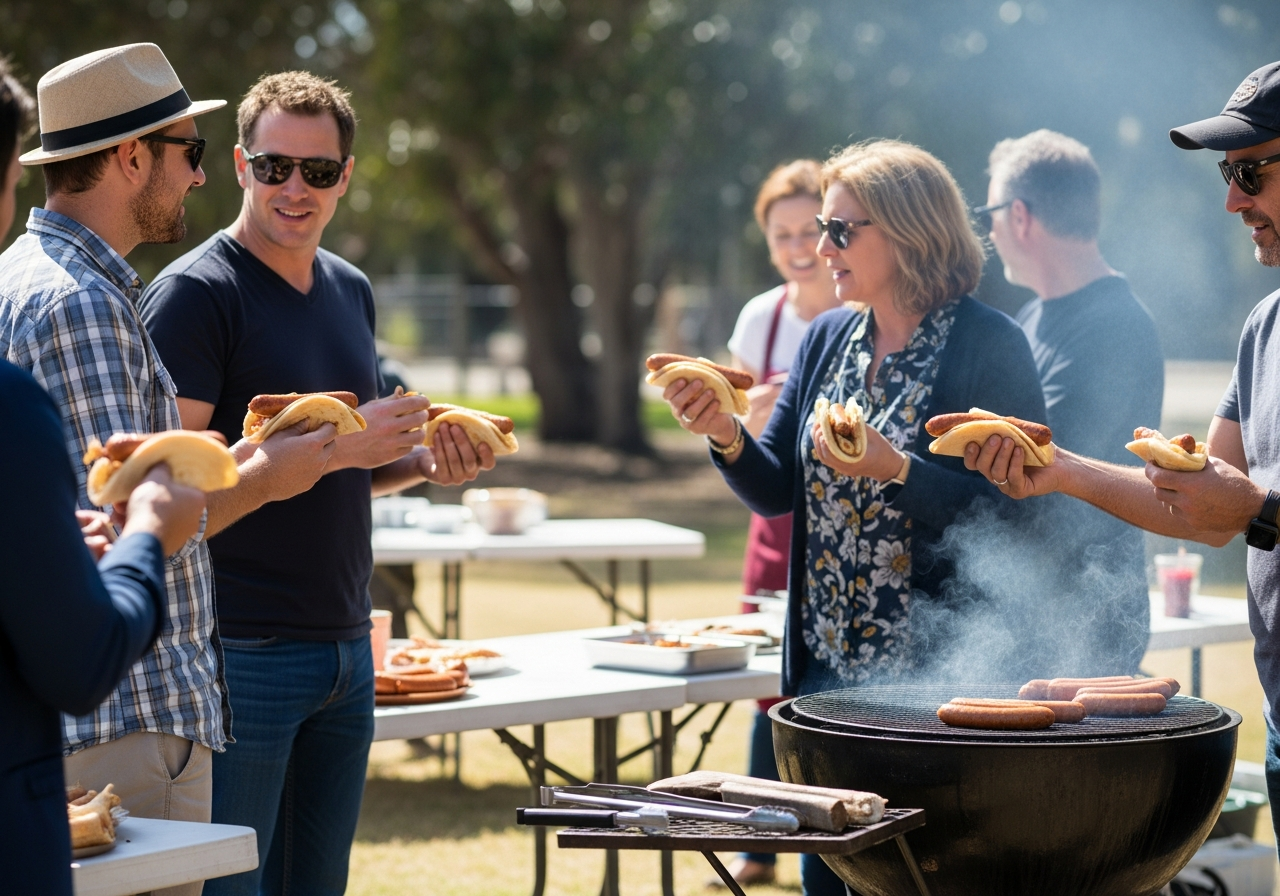 Rassemblement extérieur autour d'un stand de barbecue, plusieurs personnes tenant des chicots