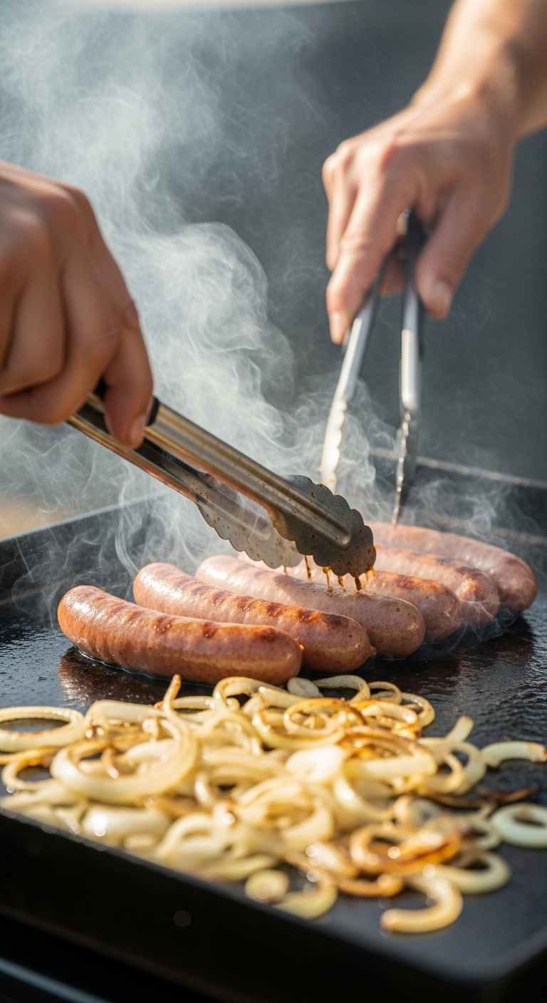 Mains retournant des saucisses sur une plancha chaude à l'aide d'une pince
