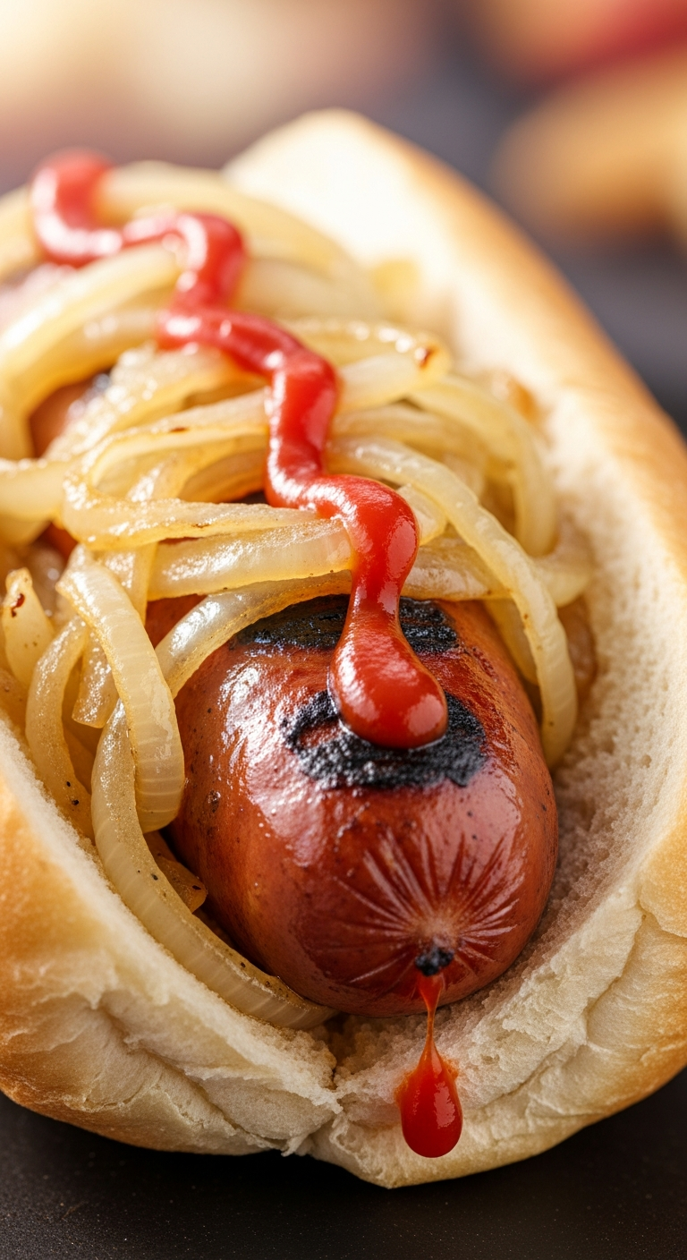 Chicot australien, saucisse grillée pliée dans du pain blanc, oignons fondants et sauce tomate