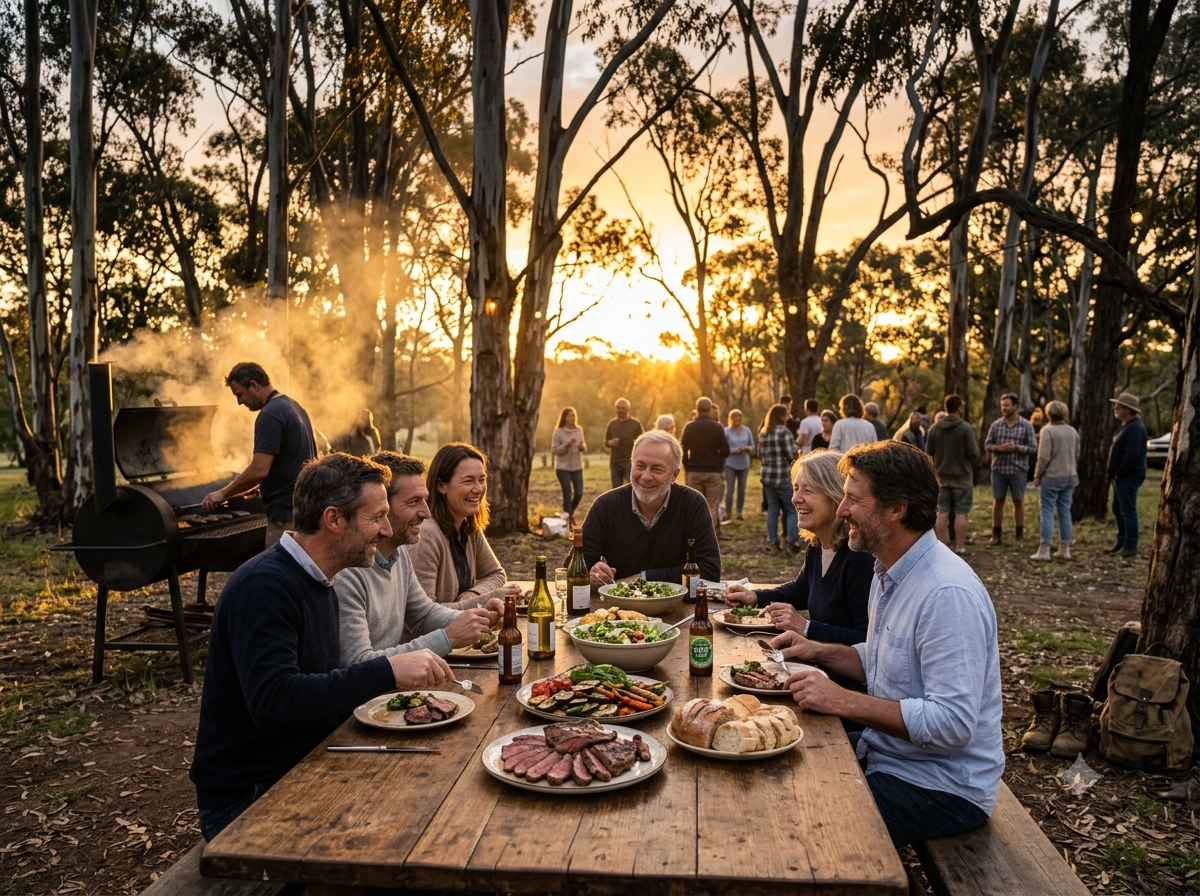 Table de barbecue en extérieur en Australie avec des assiettes de steak de kangourou partagées entre amis