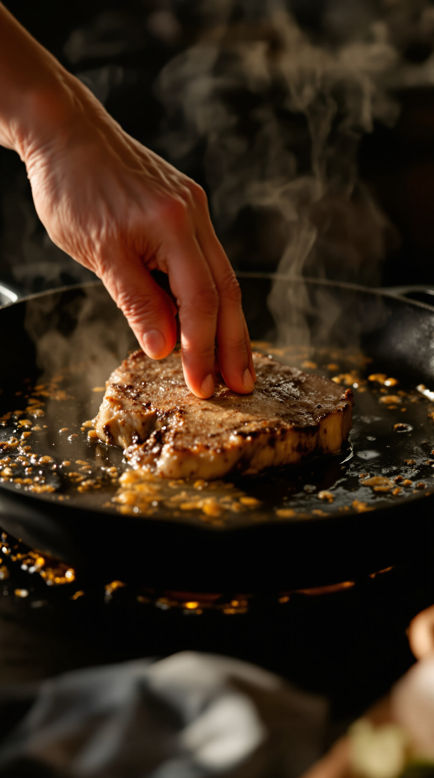 Main retournant un steak de kangourou dans une poêle en fonte fumante