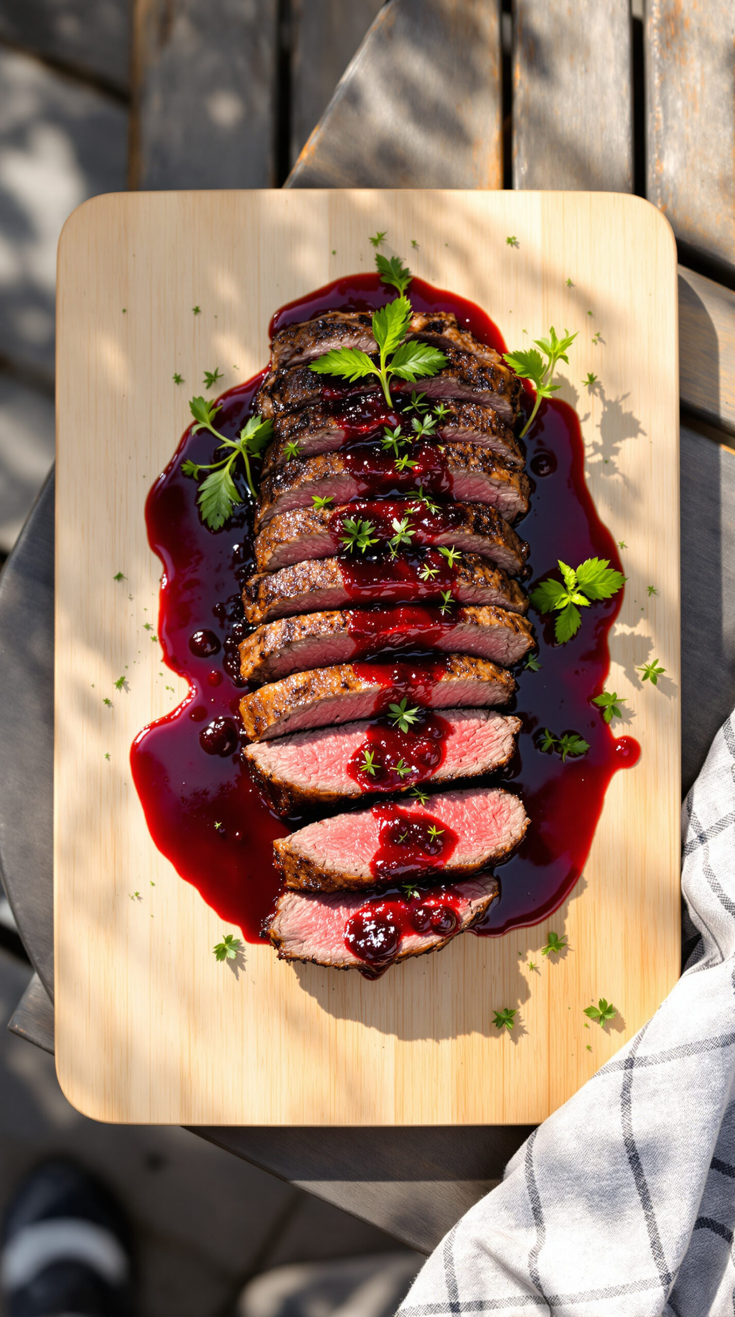 Steak de kangourou tranché, saignant à cœur, sur une planche de bois clair avec une sauce aux baies natives