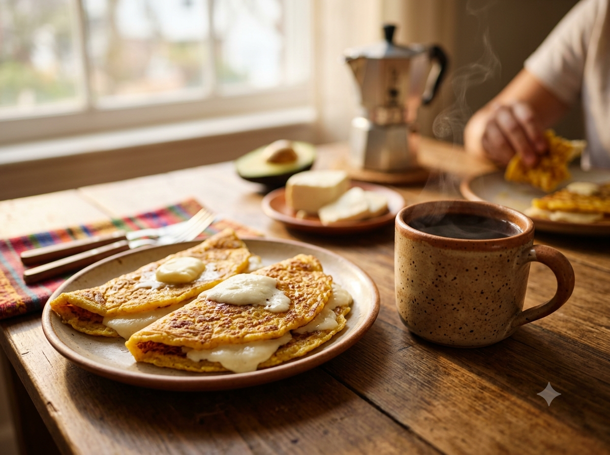 Table de petit-déjeuner vénézuélienne avec des cachapas pliées et un café fumant