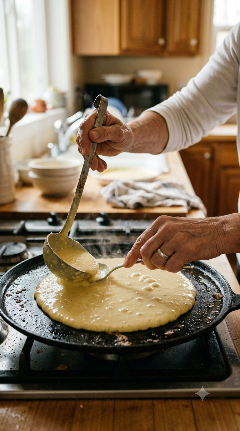 Mains versant une louche de pâte de maïs sur un budare chaud et l'étalant en cercle