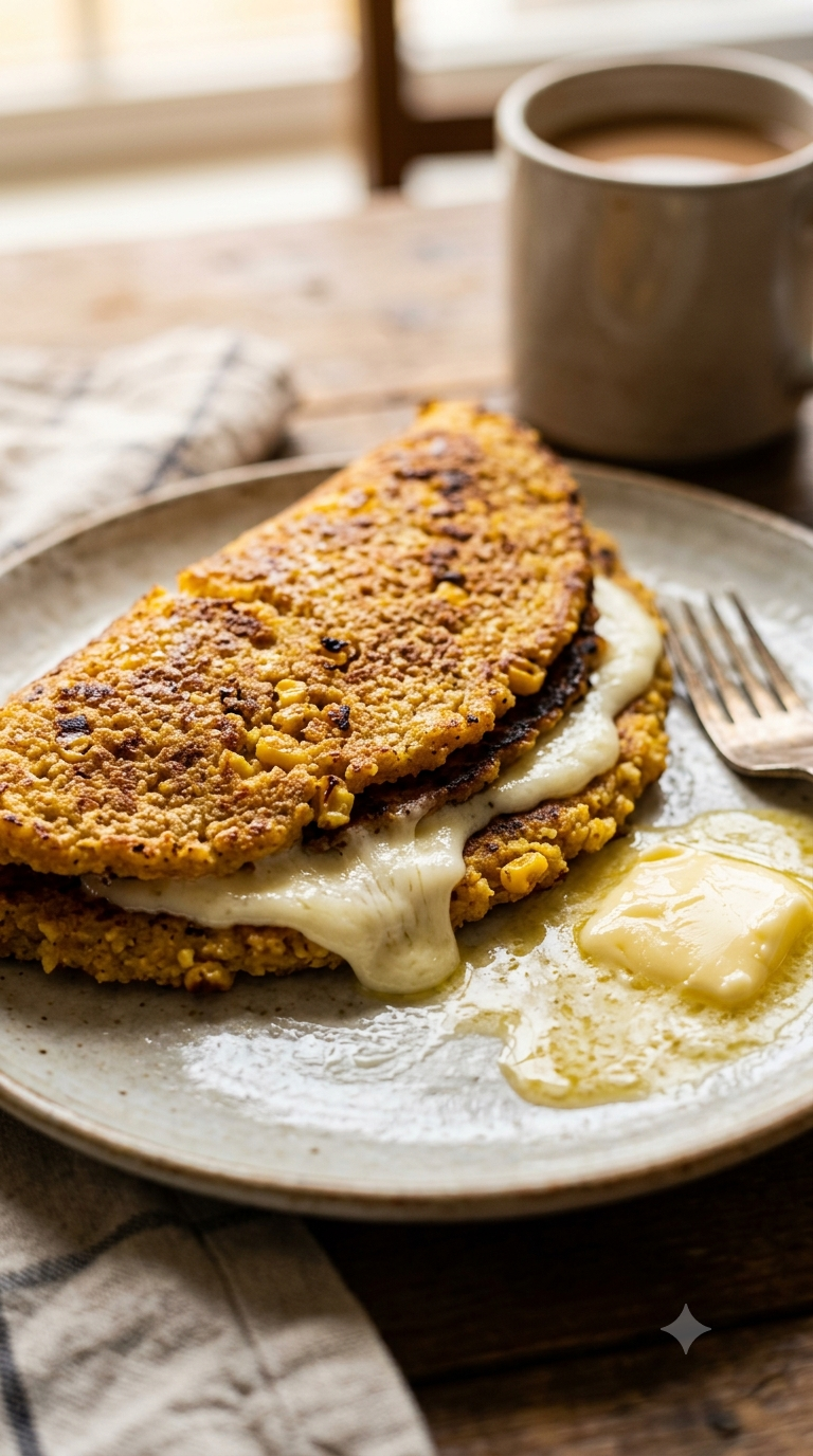 Cachapa dorée pliée en deux, fromage blanc fondant s'étirant hors du pli