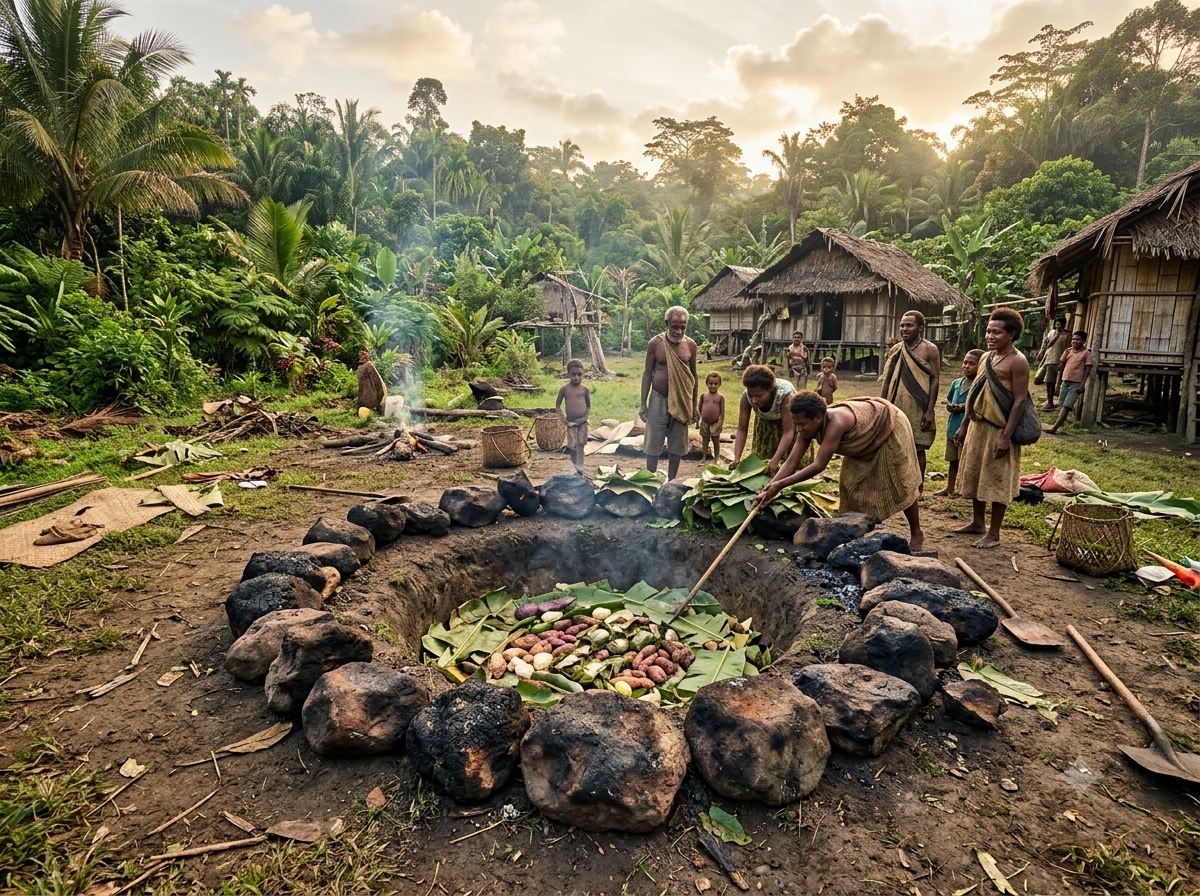 Fosse de cuisson traditionnelle creusée dans un village de Papouasie-Nouvelle-Guinée avec pierres volcaniques