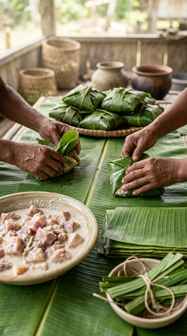 Mains enveloppant des morceaux de viande marinée au lait de coco dans de grandes feuilles de bananier