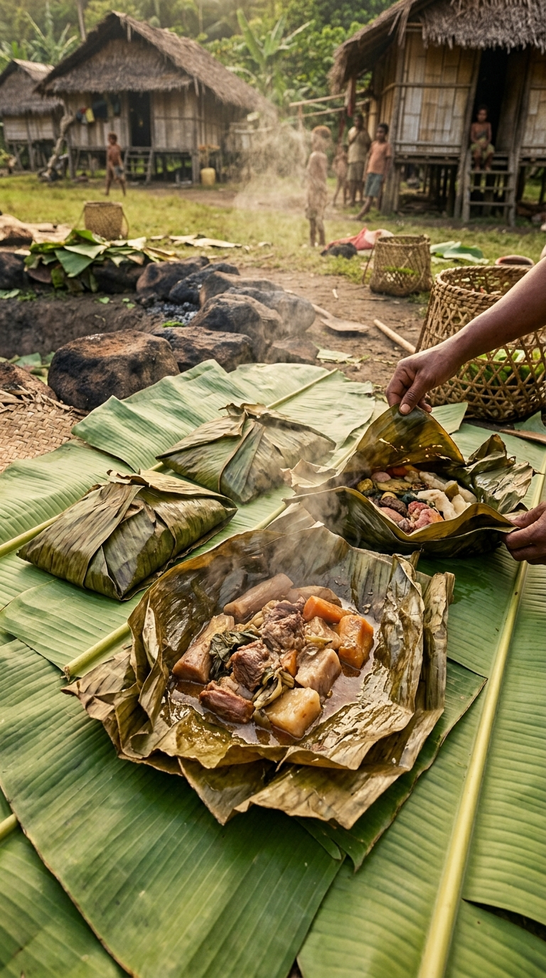 Paquets de feuilles de bananier fraîchement ouverts révélant viande fondante et légumes fumants