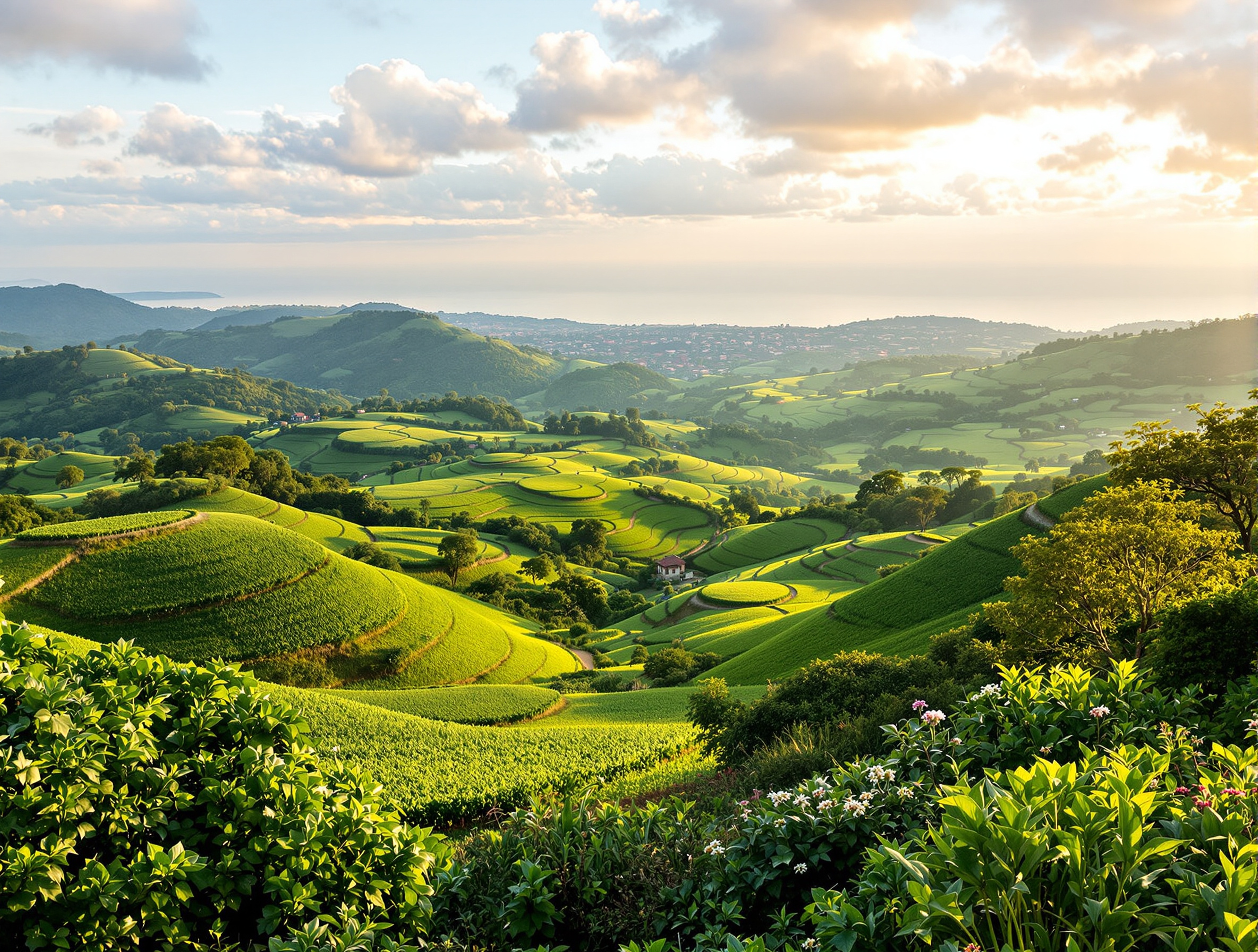Collines verdoyantes du Burundi avec parcelles cultivées en terrasses et lac Tanganyika