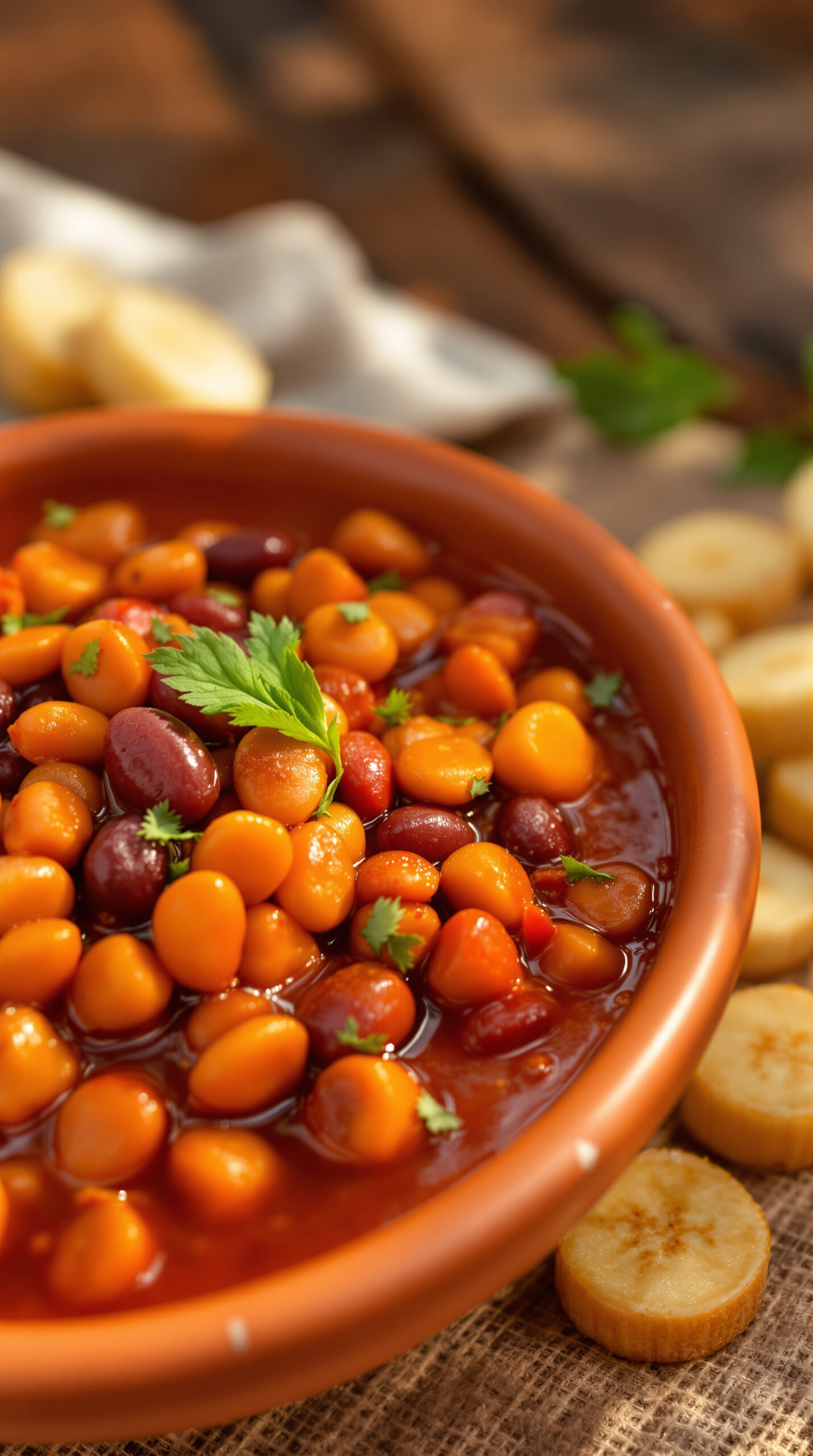 Bol en terre cuite africaine rempli d'ibiharage fondant avec haricots rouges dans une sauce tomate