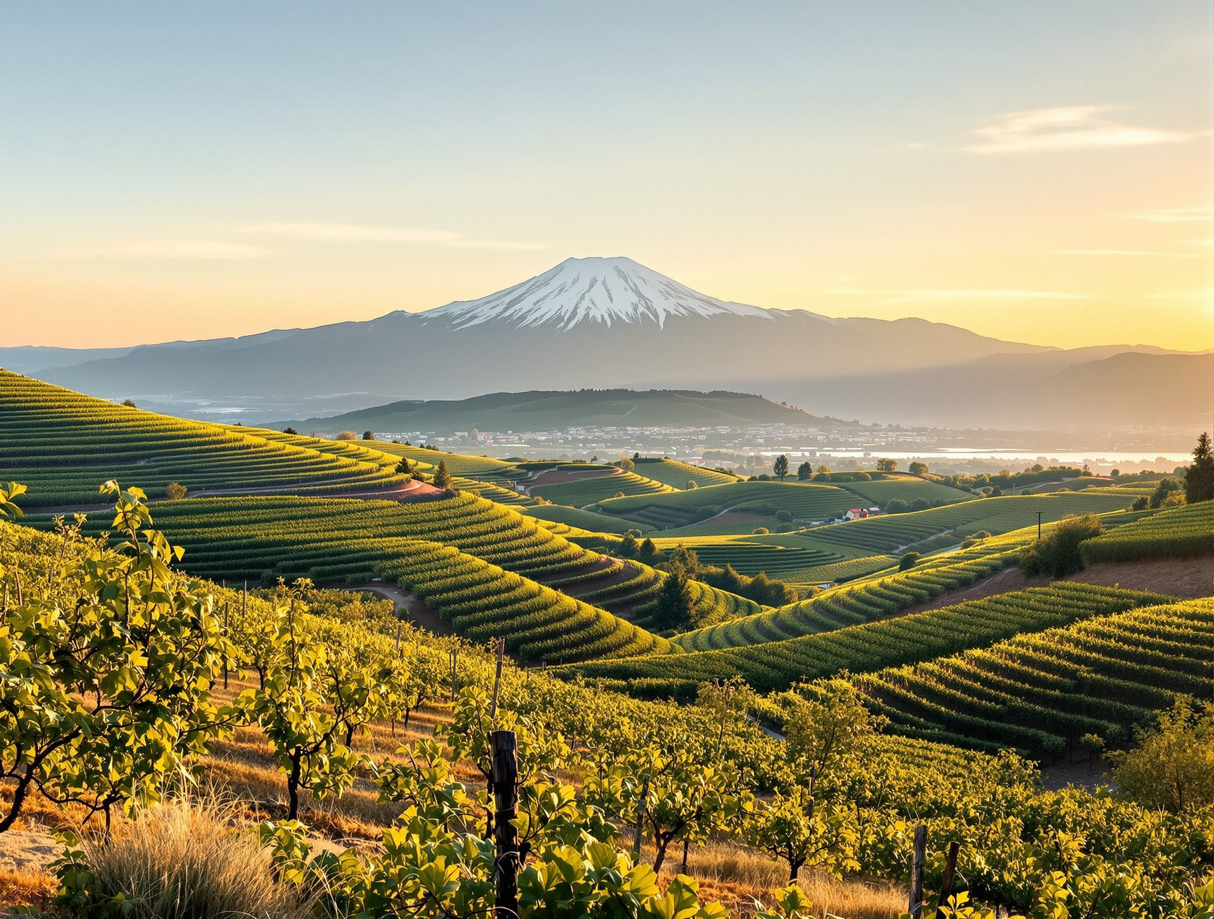 Vignobles arméniens en terrasses avec le mont Ararat enneigé à l'horizon