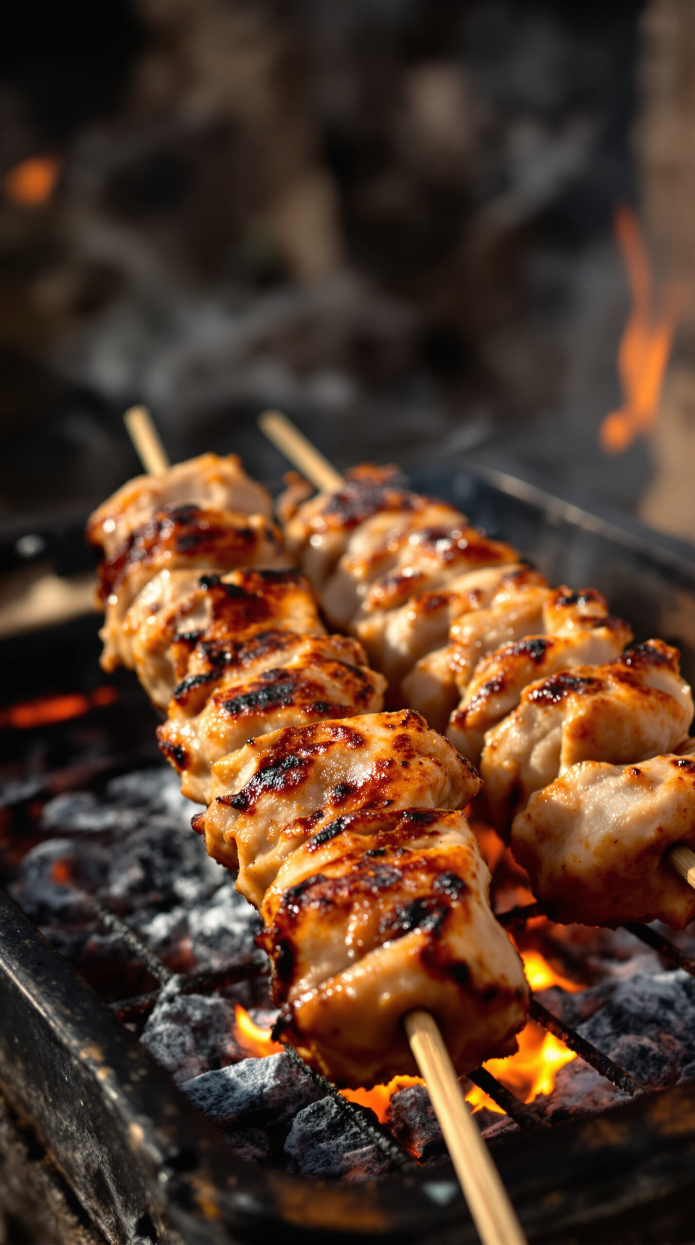 Brochettes de khorovats grillées et fumantes, viande caramélisée sur un plateau noirci par le feu