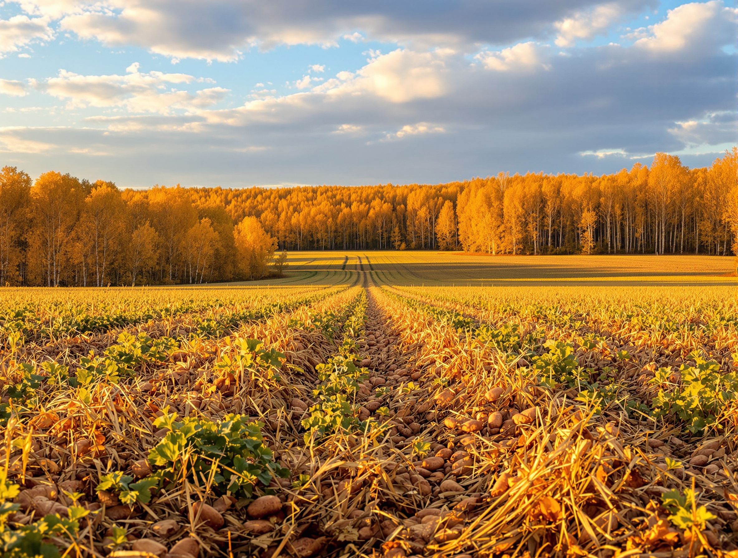 Campagne biélorusse en automne avec champs de pommes de terre et forêts de bouleaux