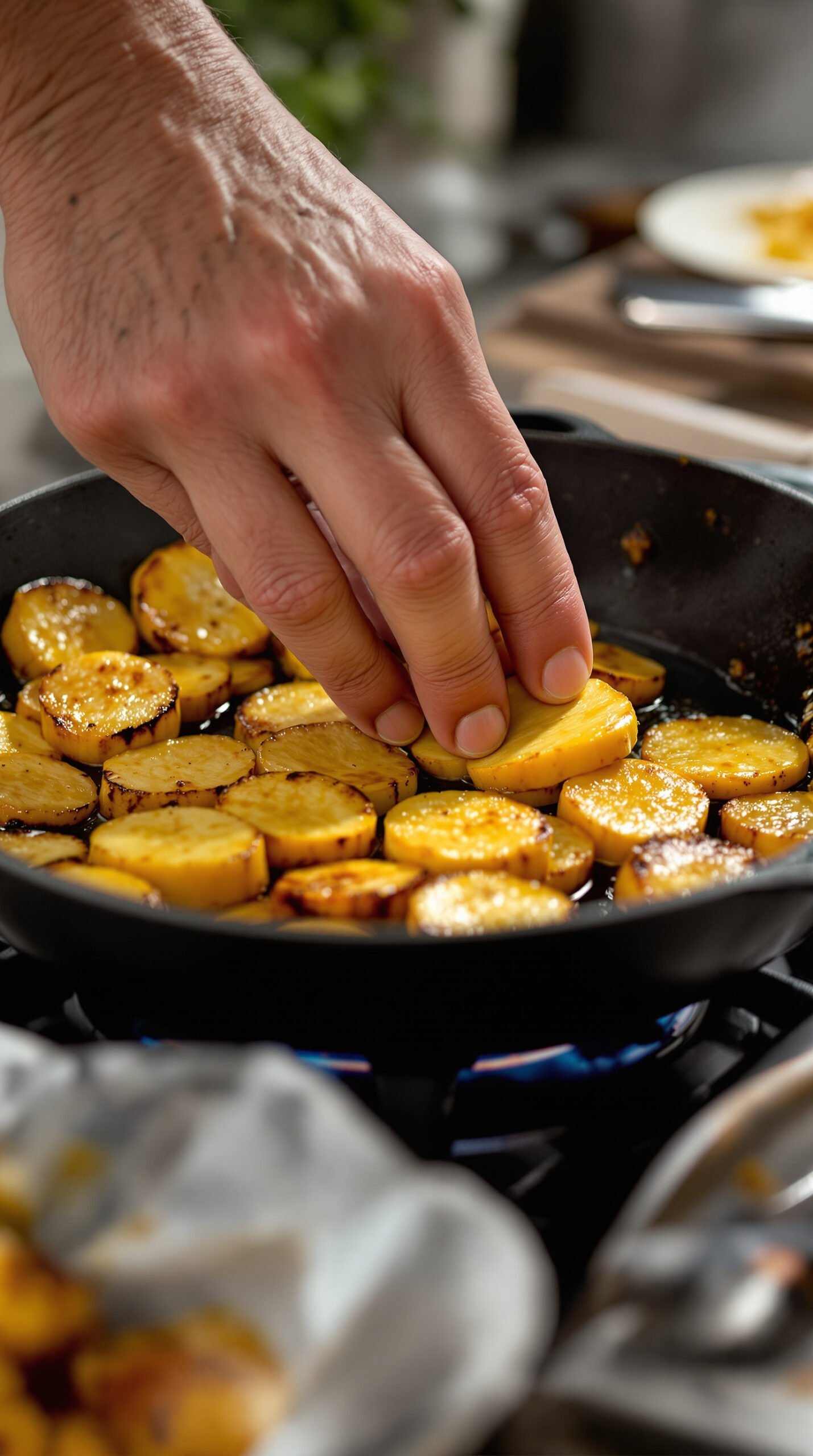 Main retournant des tranches de banane plantain dorant dans une poêle en fonte