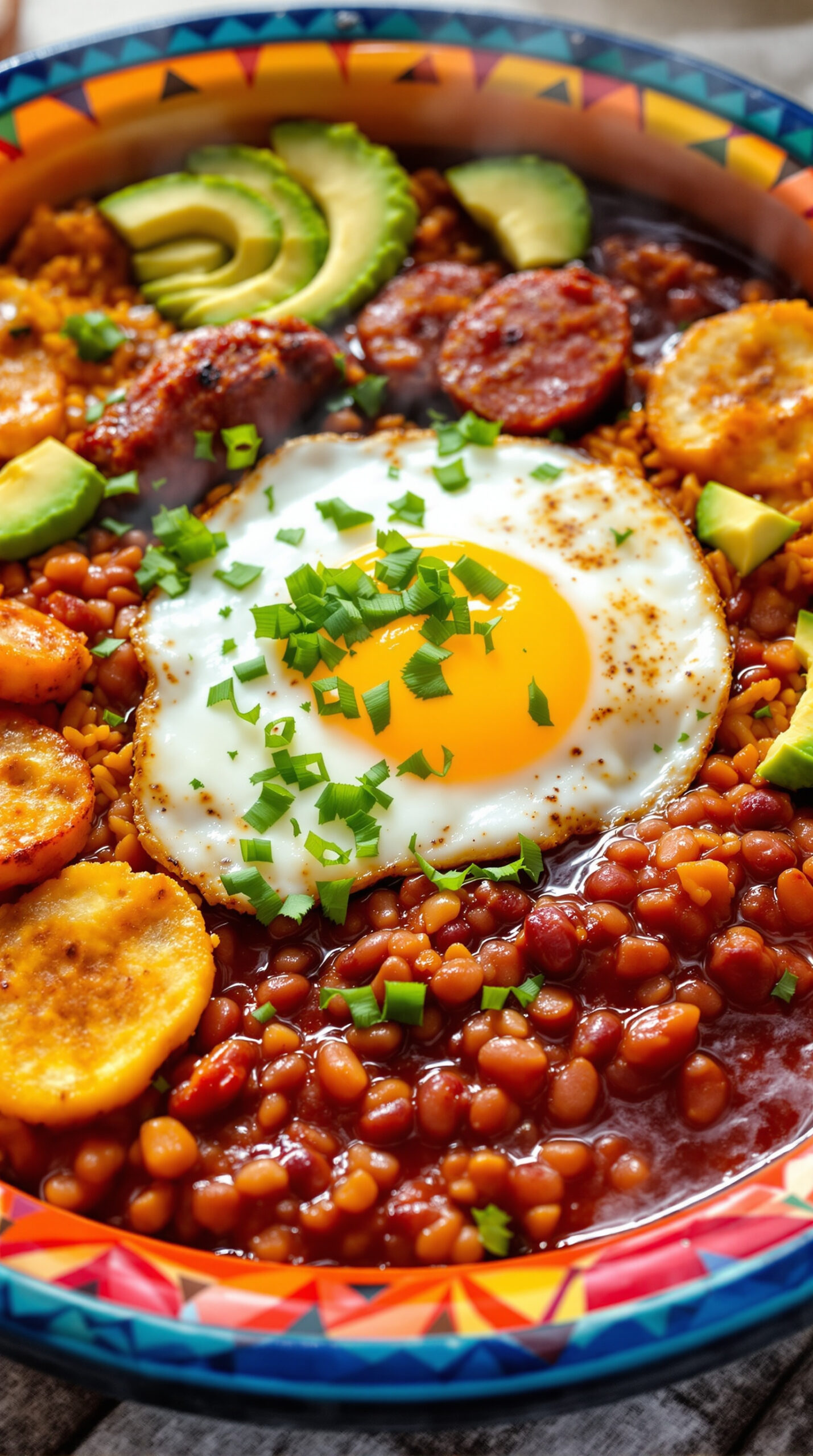 Grand plateau coloré rempli de bandeja paisa avec haricots, riz, viande grillée, chorizo et avocat