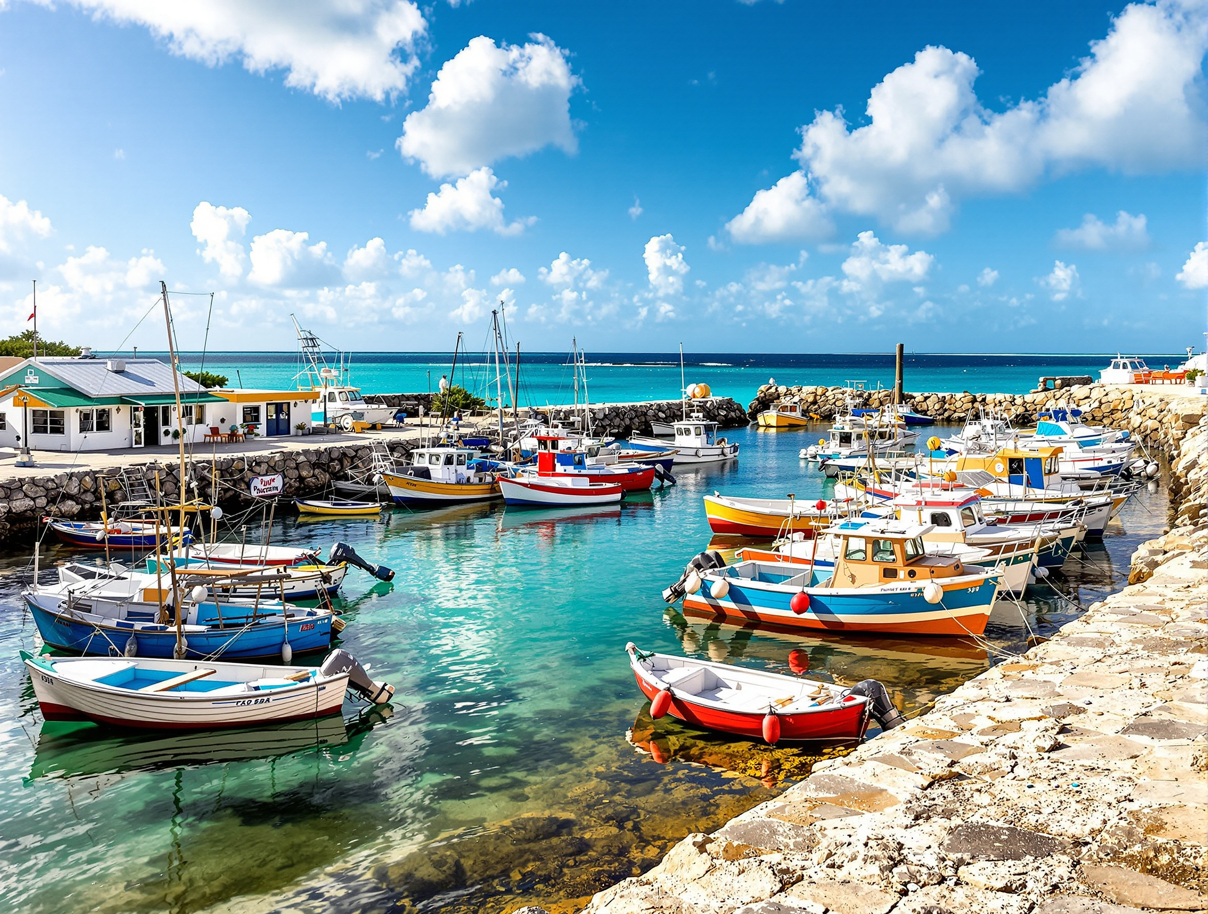 Port de pêche à la Barbade avec bateaux colorés amarrés et mer turquoise