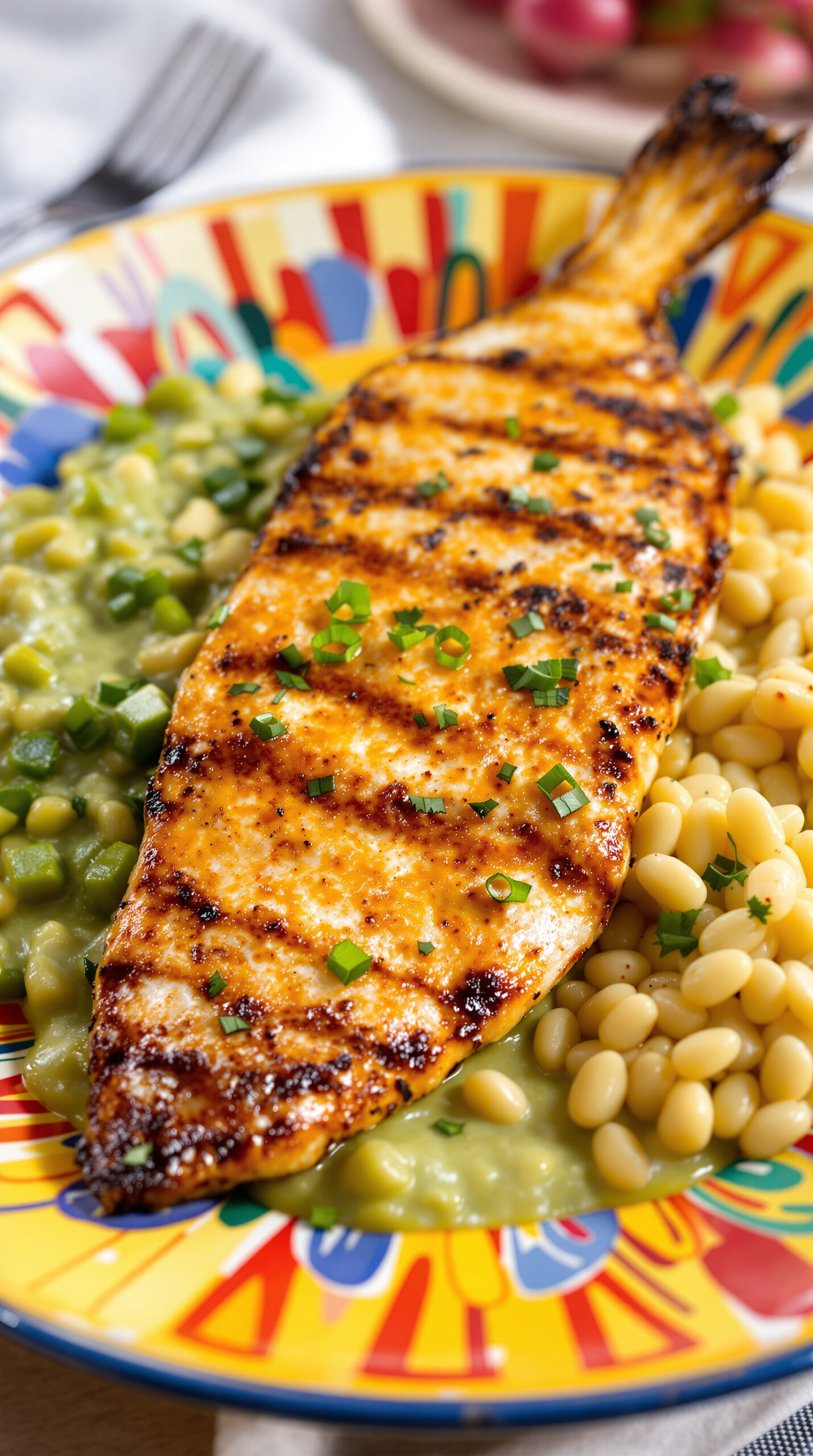 Filet de poisson volant grillé et doré accompagné d'une portion de cou-cou à la texture lisse