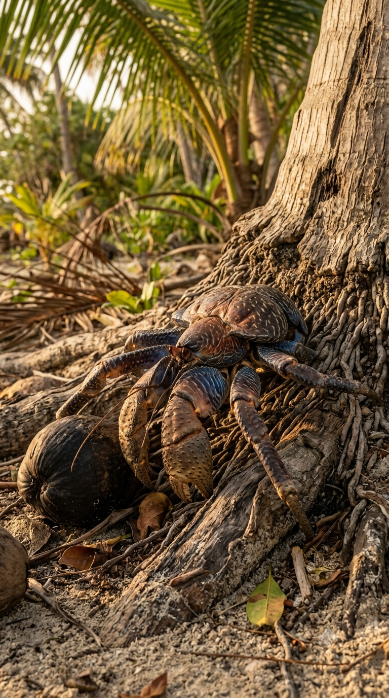Crabe de cocotier dans son milieu naturel, grimpant sur un cocotier