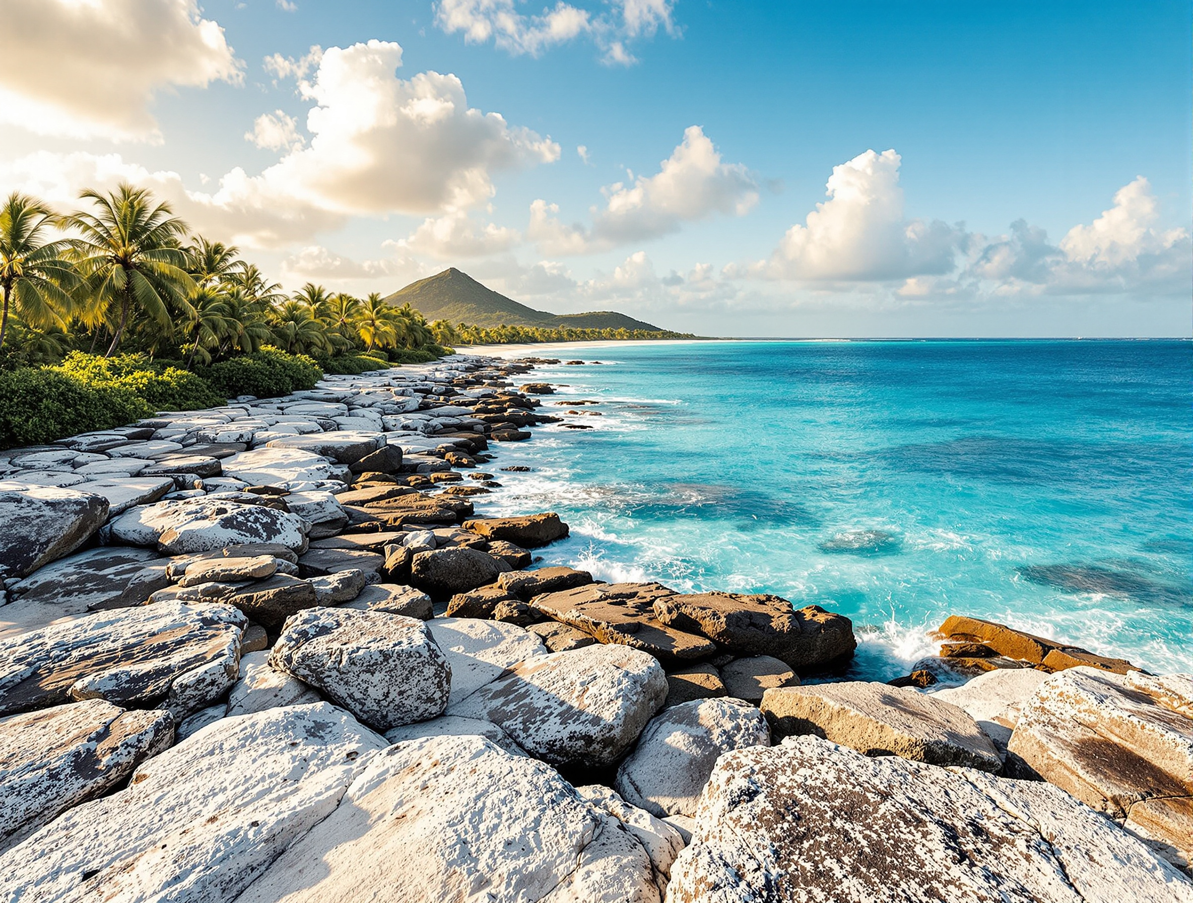 Côte rocheuse de Nauru bordée de cocotiers avec l'océan Pacifique à l'horizon