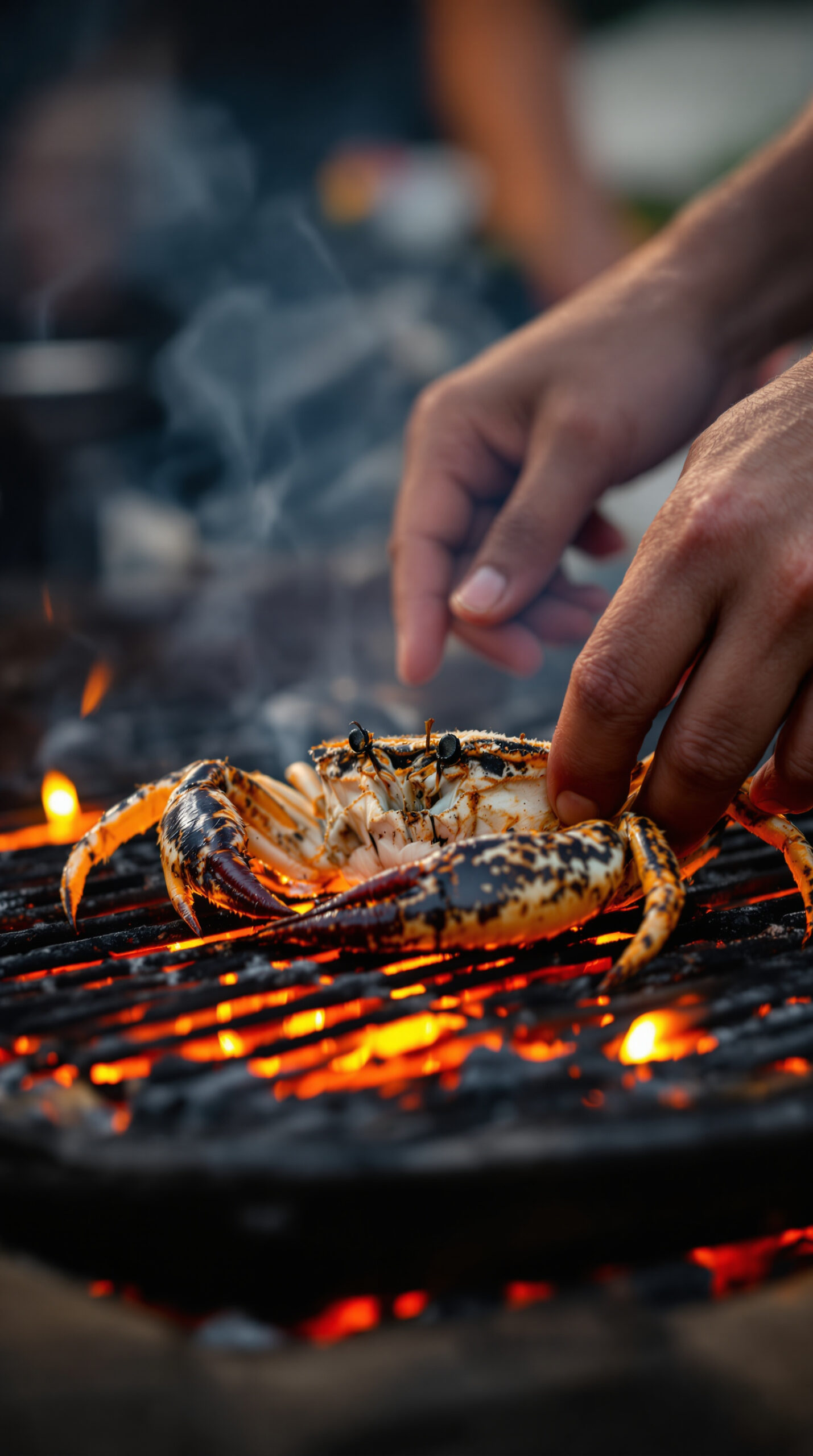 Mains déposant un crabe de cocotier sur une grille au-dessus de braises rougeoyantes