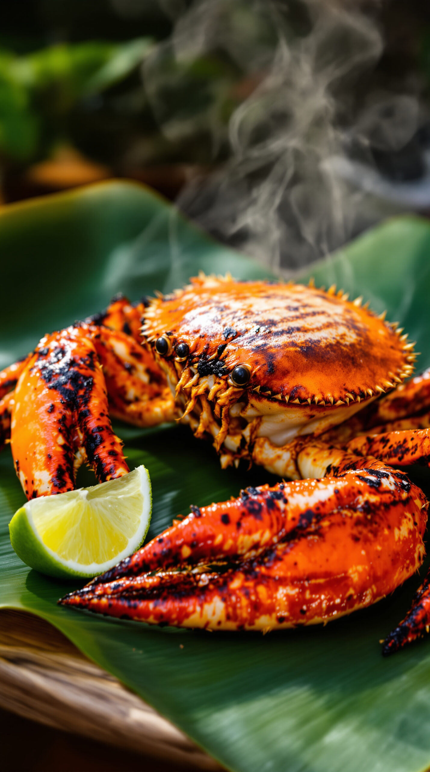 Crabe de cocotier entier grillé et fumant, carapace orangée marquée par le feu