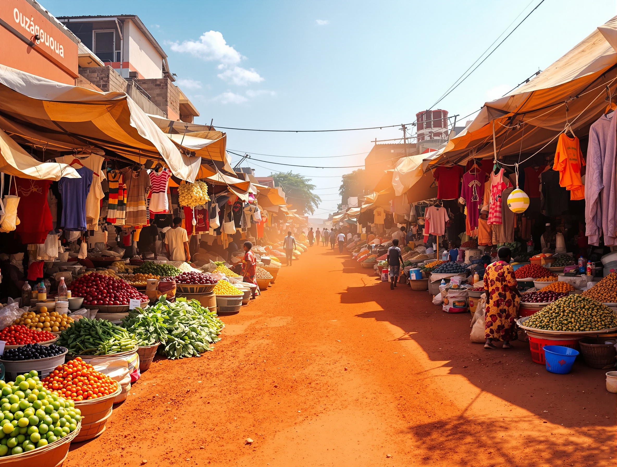 Marché coloré de Ouagadougou avec étals de légumes et d'épices