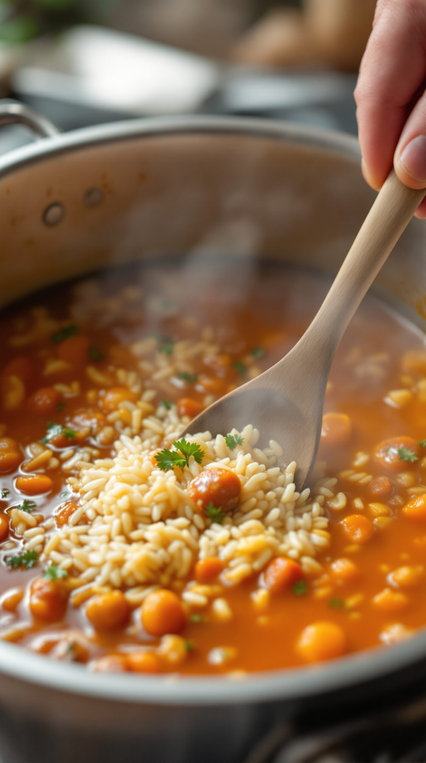 Main mélangeant du riz dans un bouillon orangé de tomate et de viande dans une marmite