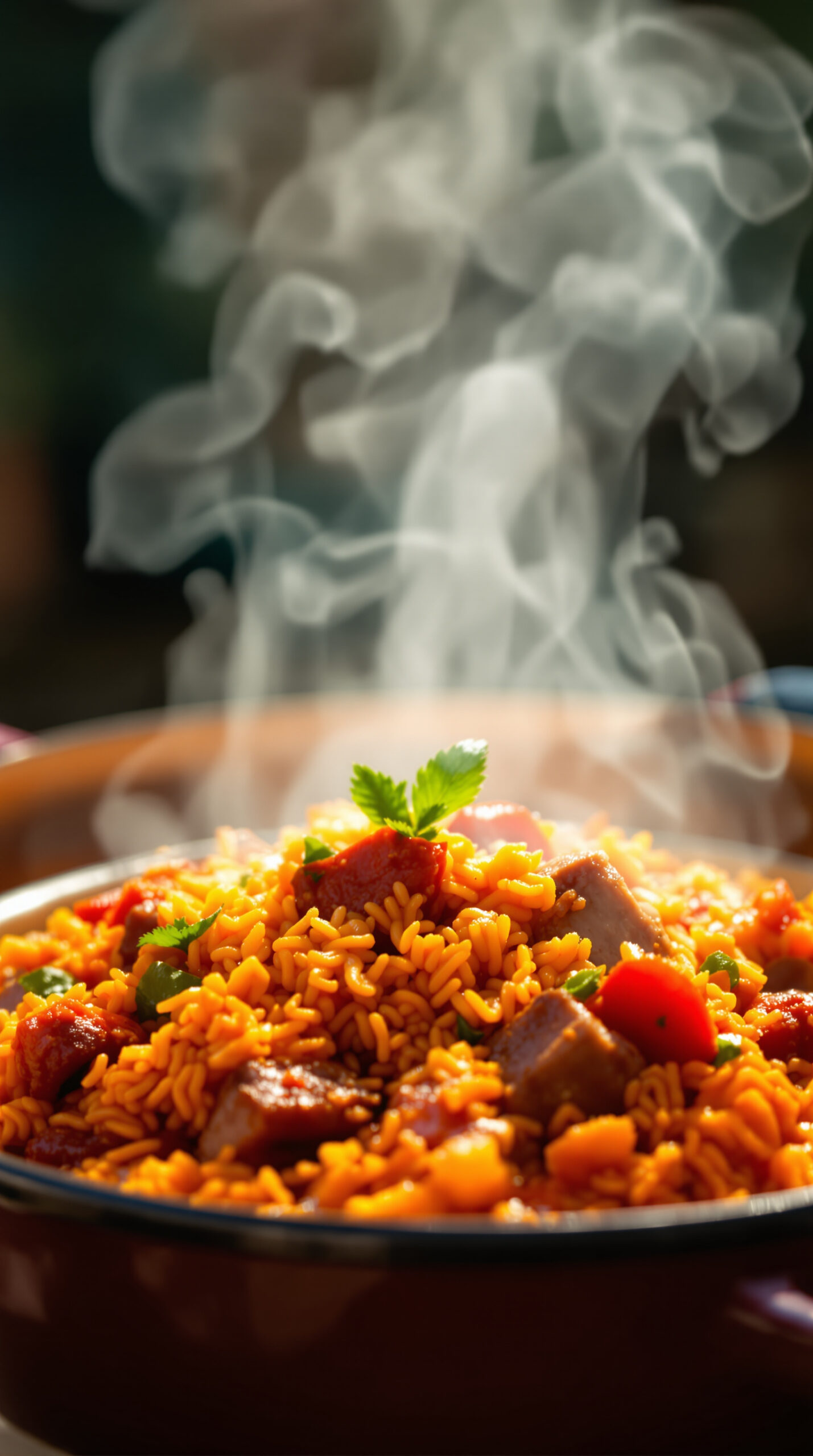 Plat en émail coloré africain rempli de riz gras fumant à la teinte orangée de tomate concentrée