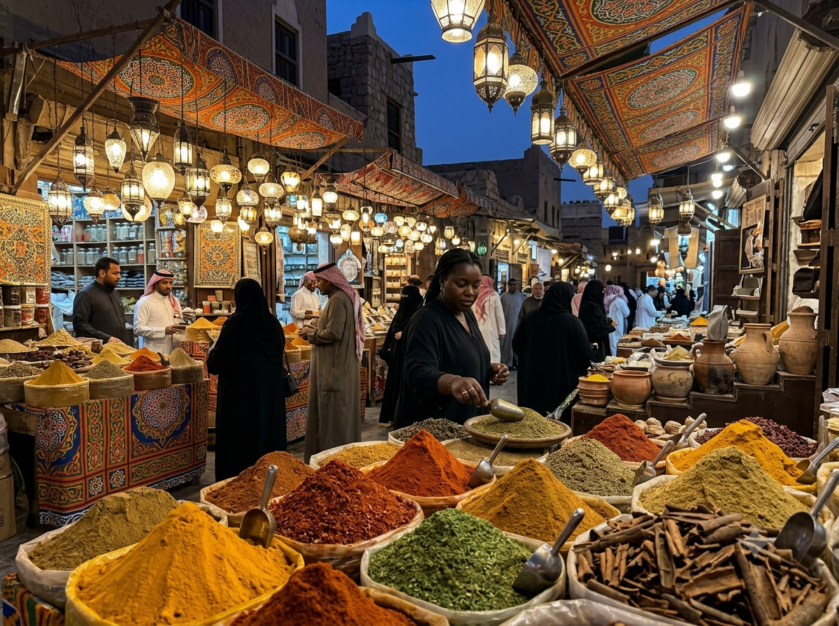 Marché aux épices de Riyad en soirée avec monticules colorés d'épices