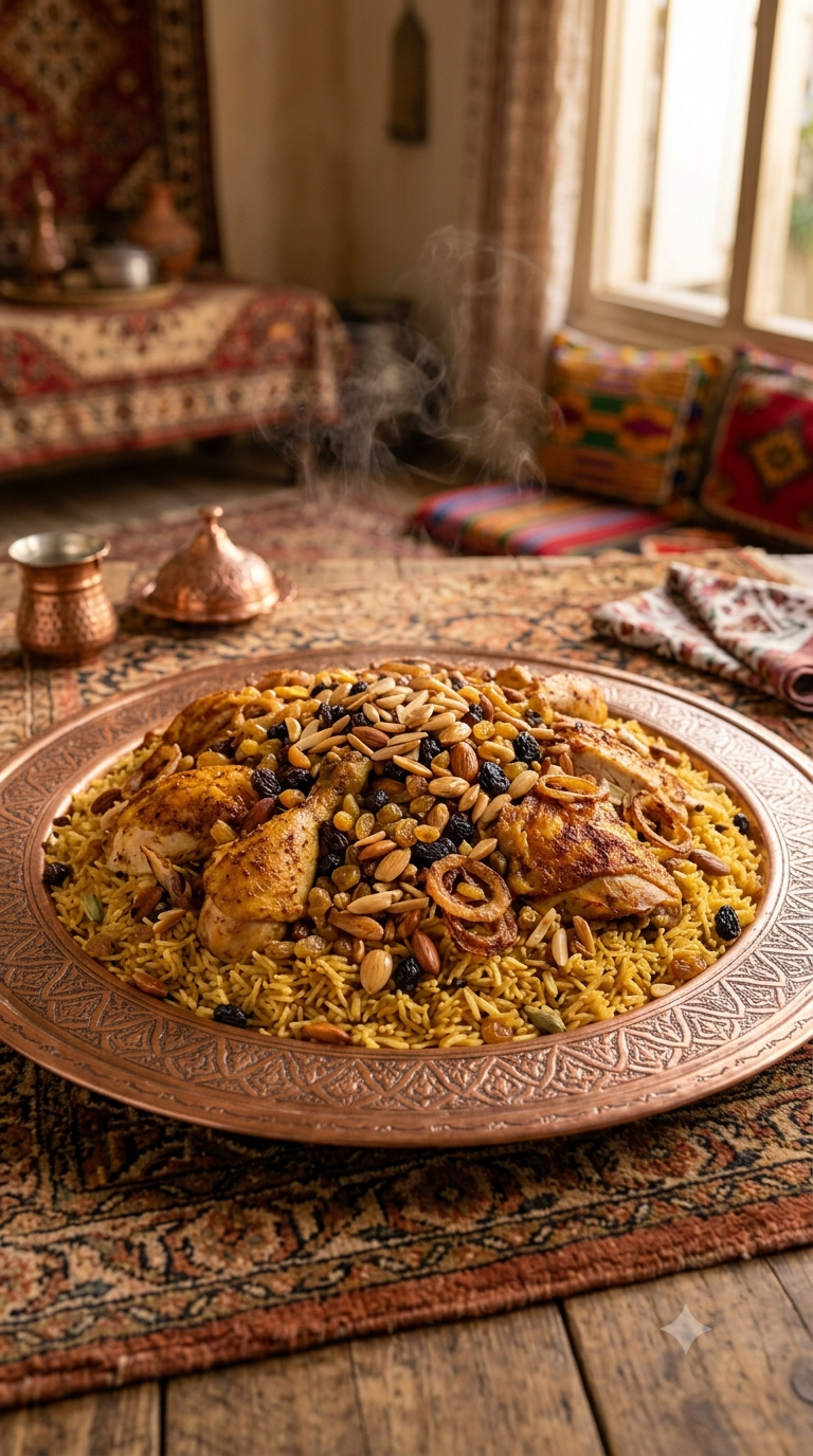 Grand plateau en cuivre ciselé rempli de kabsa fumante avec poulet, raisins secs et oignons frits