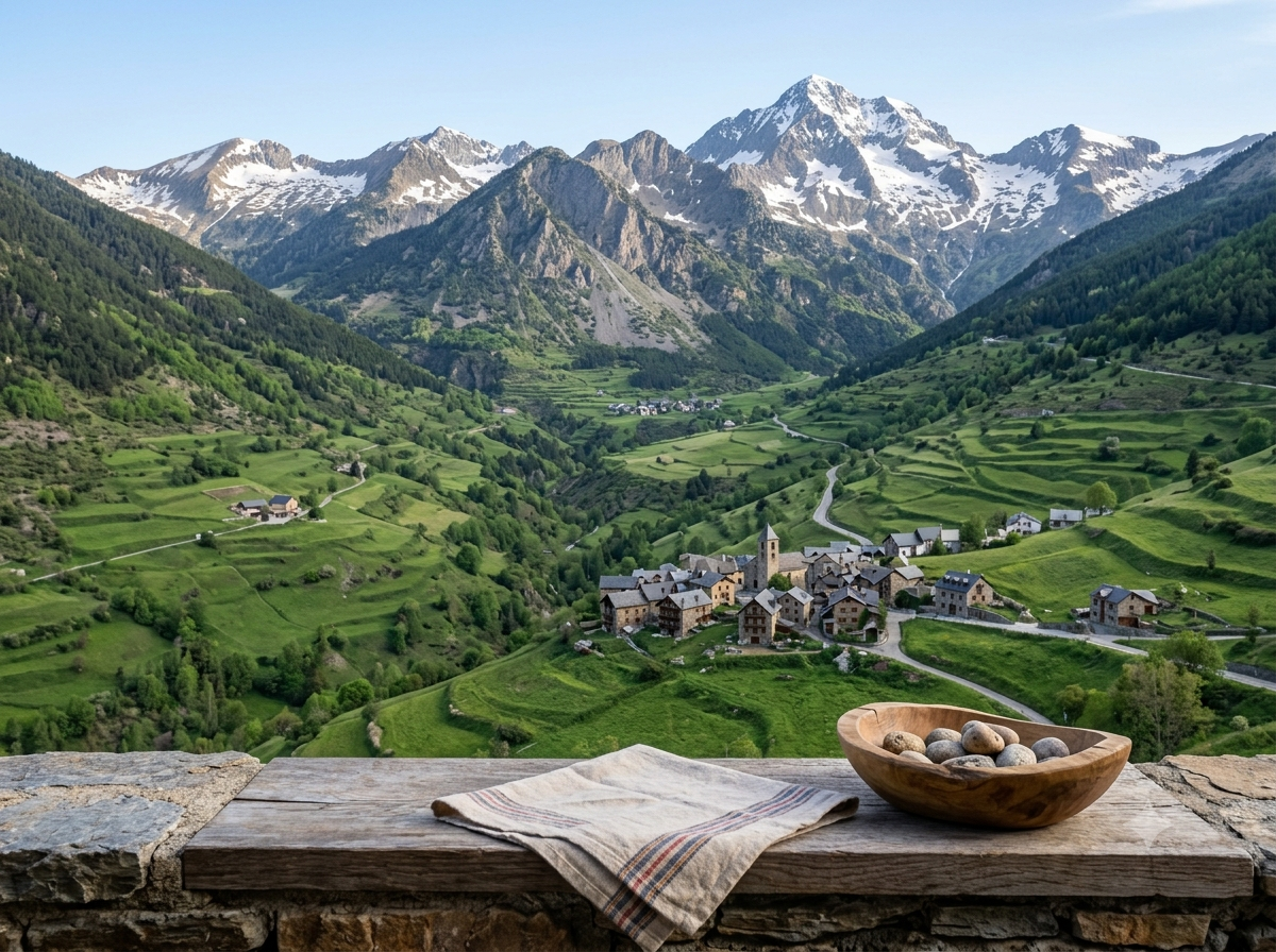 Sommets pyrénéens d'Andorre avec vallée verdoyante et village de montagne