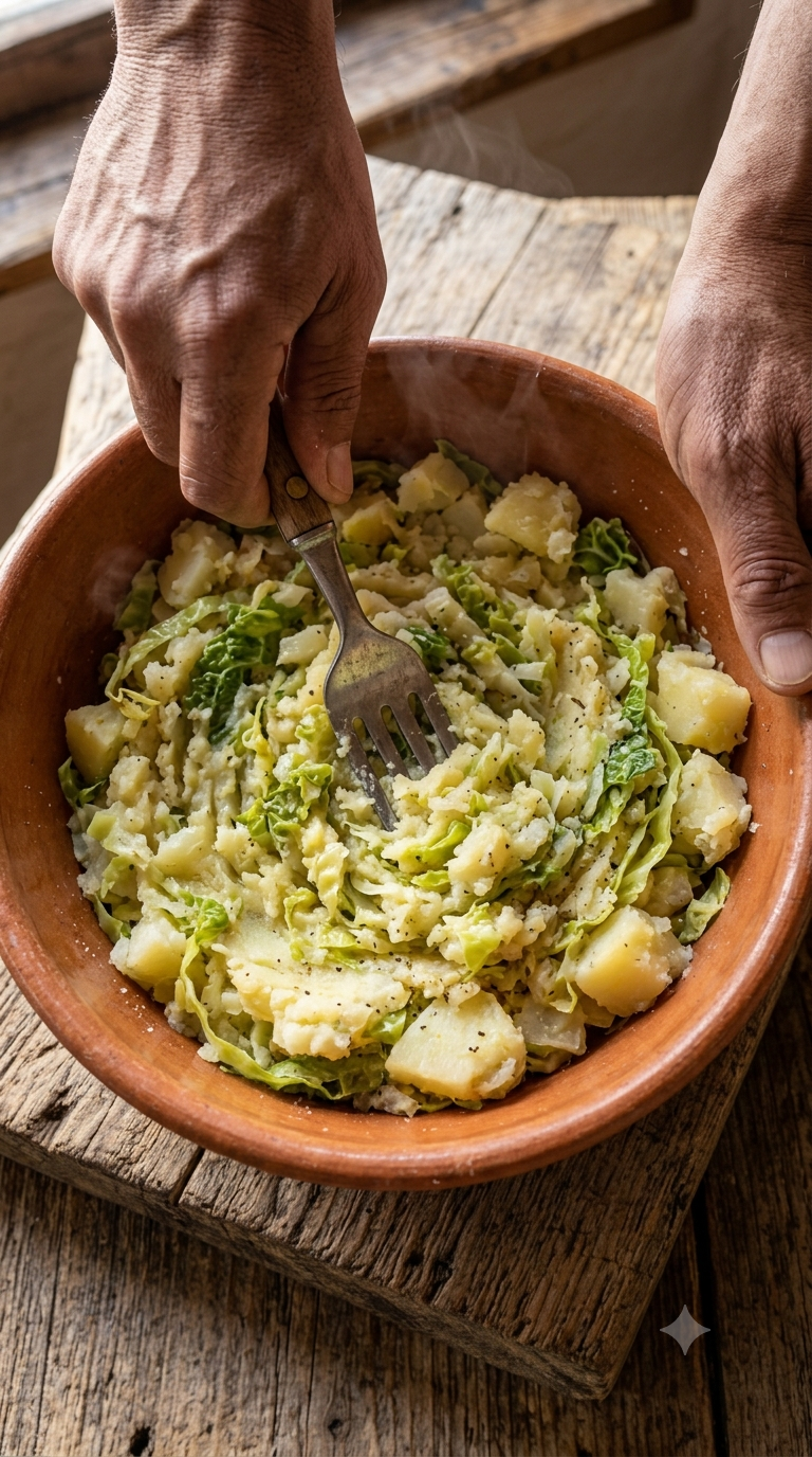 Mains écrasant à la fourchette du chou vert et des pommes de terre cuits dans un saladier
